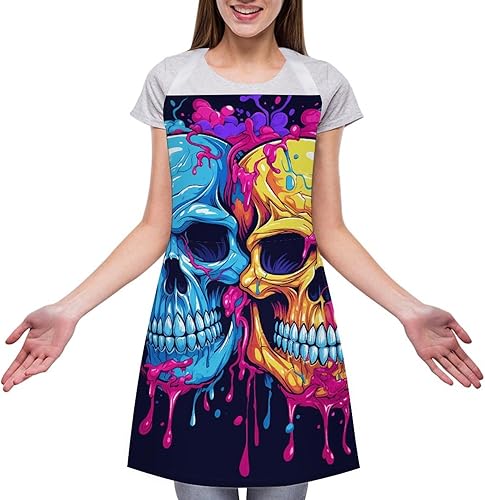 Miniatura 3 de Personalized Two Different Skulls Adult Apron, Kitchen Cooking Aprons for Woman Man, Adjustable Bib Apron with Pocket for Baking, BBQ Crafting