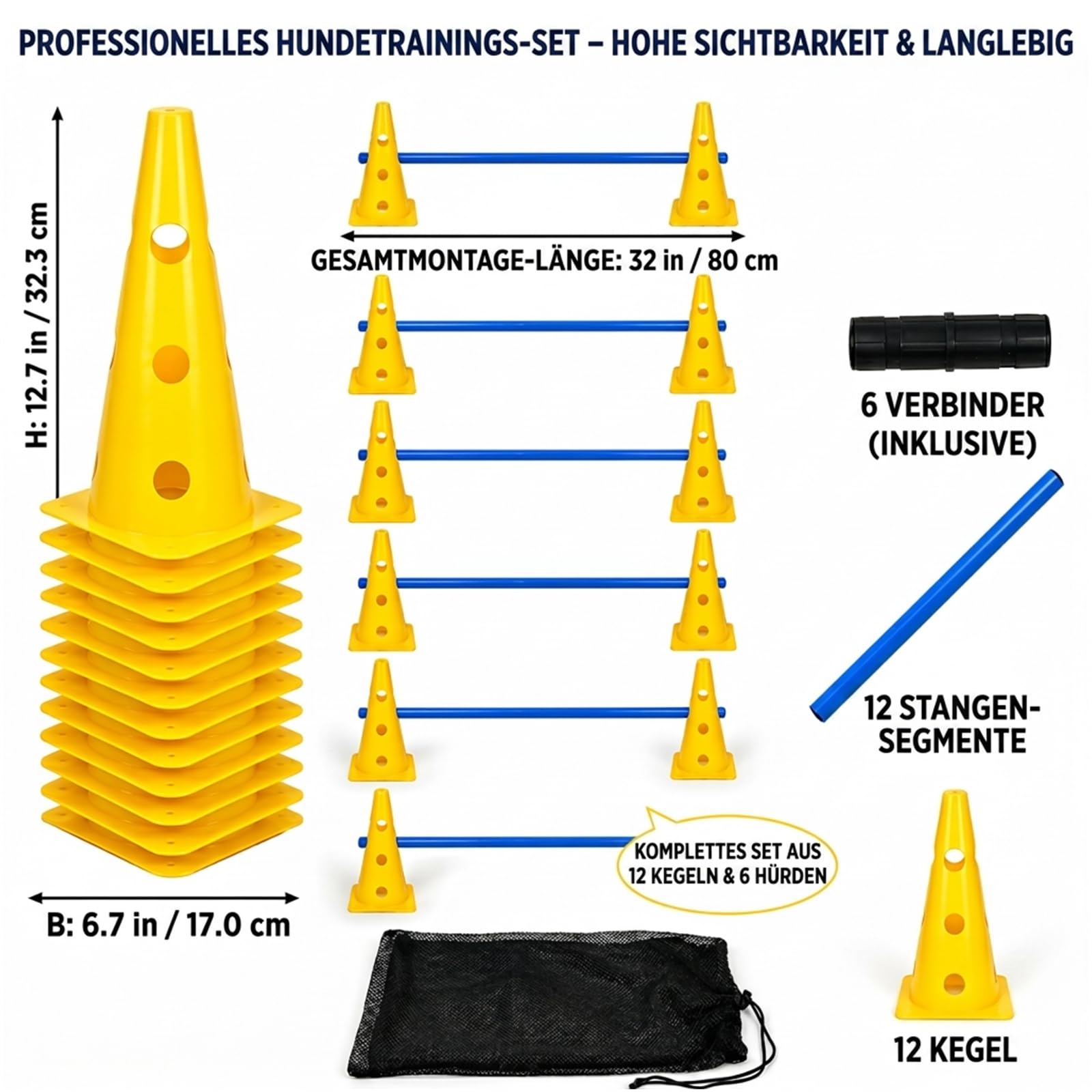Agility Set Hunde mit 6 Hürden, Cavaletti Hund Trainingsset, 12 Verstellbare Stangen & 12 Pylonen, Hundetraining Zubehör für Hunde Agility, Hobby Horse & Kinder Parcours