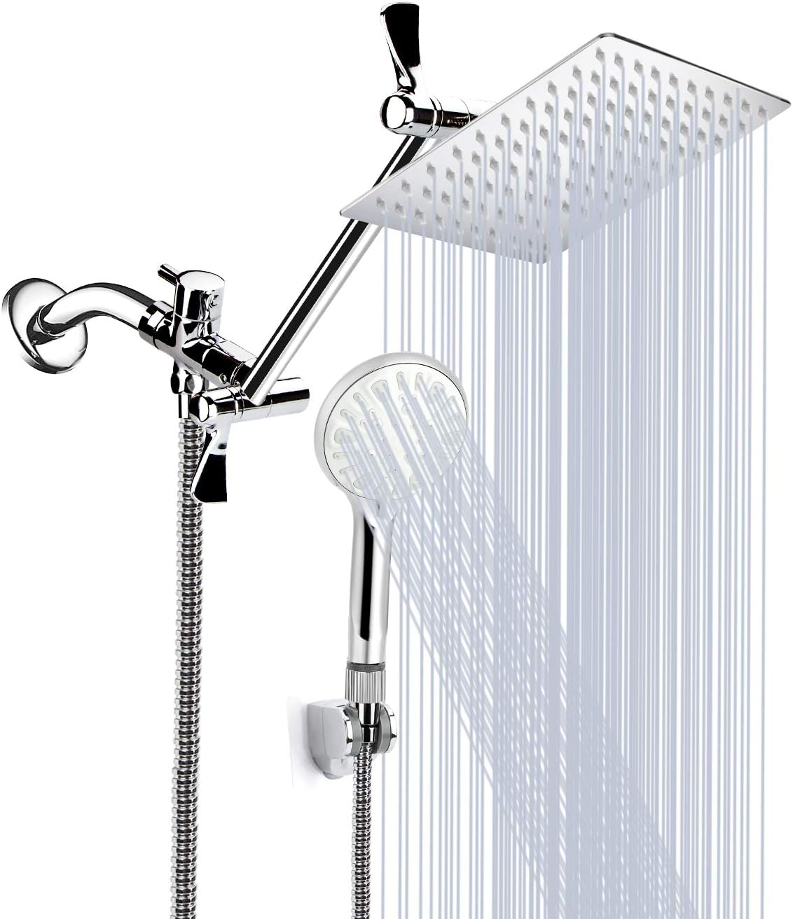 8'' High Pressure Rainfall Shower Head/Handheld Shower Combo With 11' Extension Arm, 9 Settings Adjustable Anti,Leak Shower Head With Holder, Height/Angle Adjustable, 1.5M Hose, Chrome