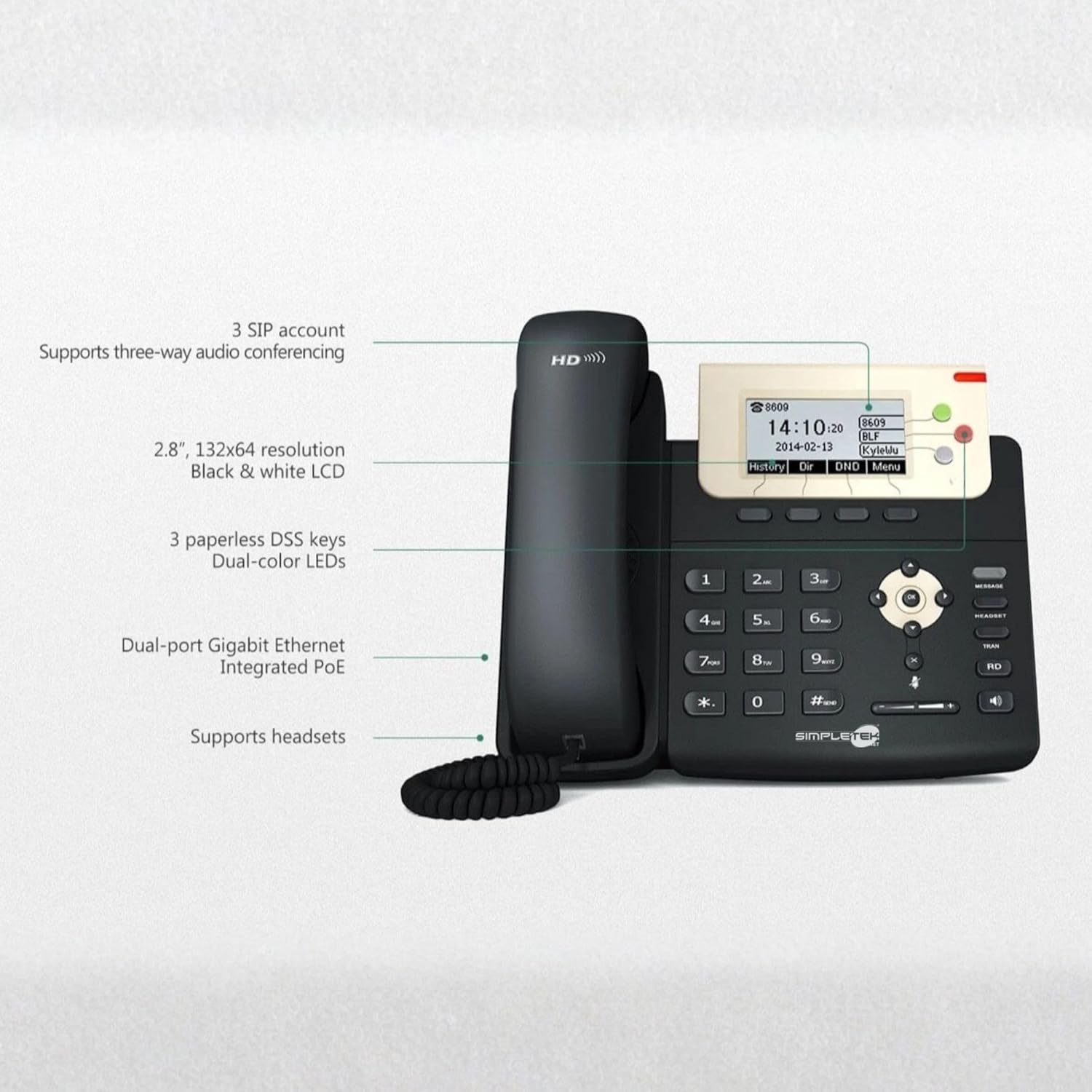 SIMPLETEK - Profesjonalny telefon IP VoIP PoE | 3 konta SIP, Audio HD, 2 x Gigabit Ethernet, podświetlany wyświetlacz