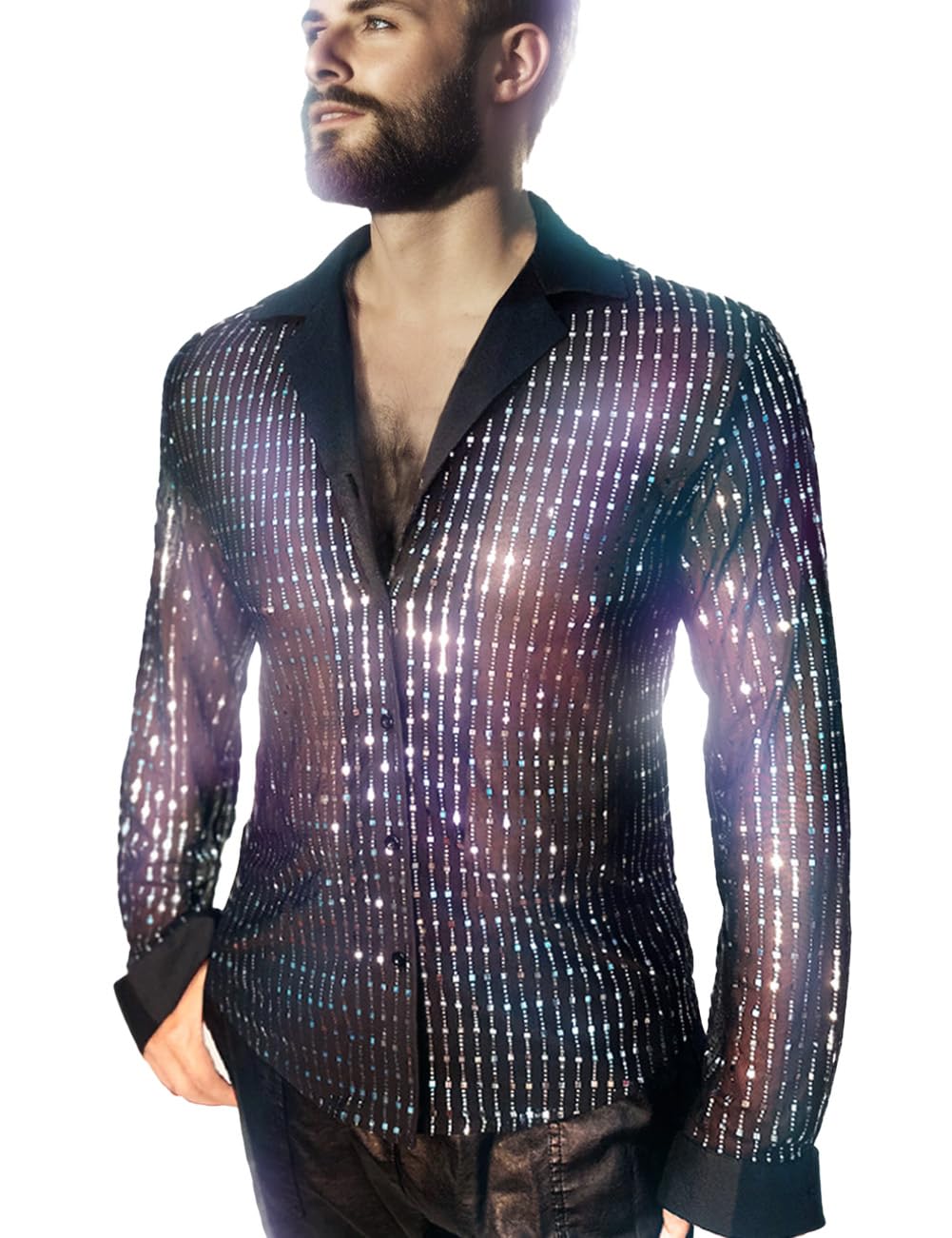 AIBEIX Mens Mesh Sequins See Through 70s Disco Long Sleeve Button Down Shirts