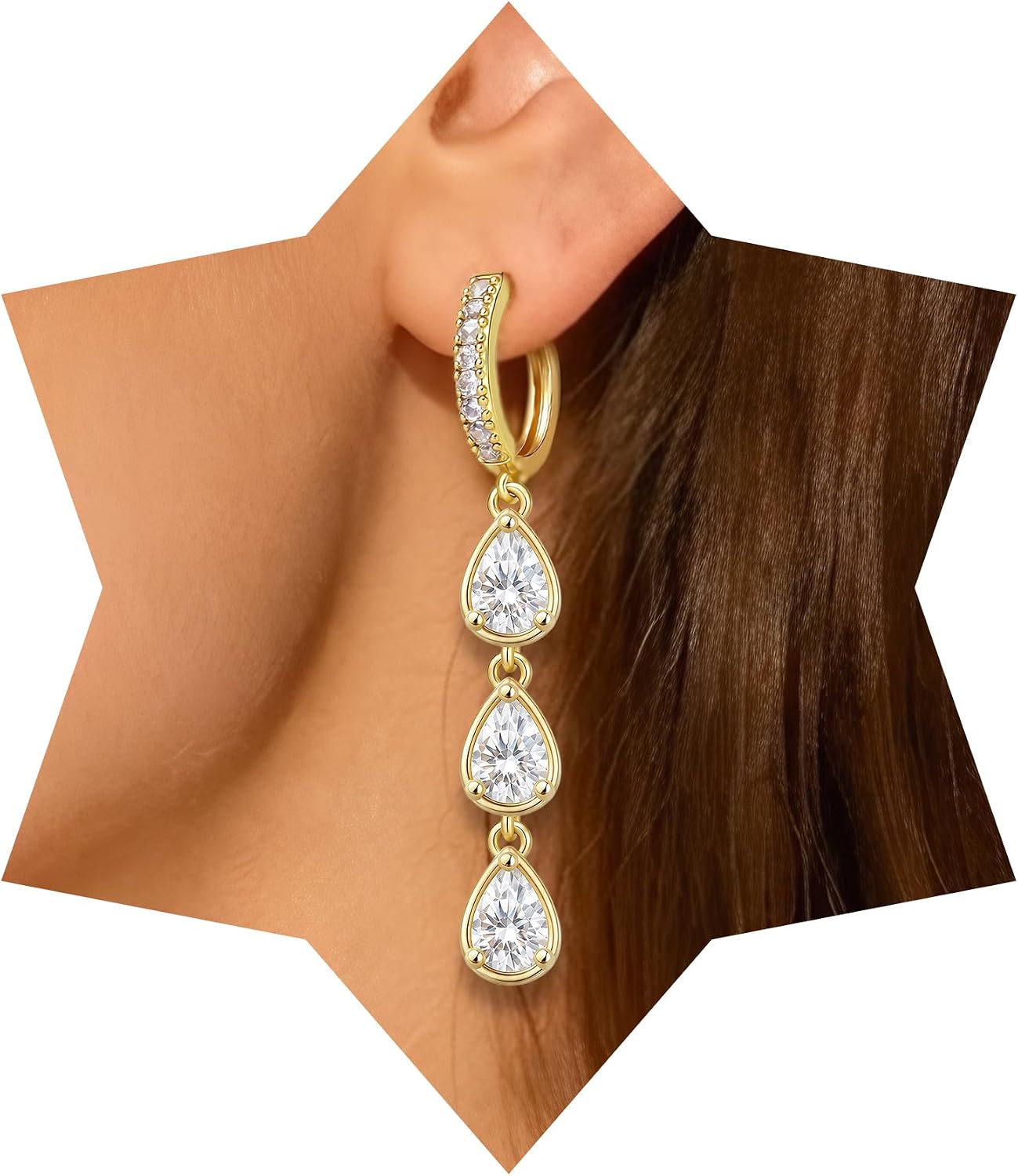 14K Gold Plated Dangle Hoop CZ Earrings for Women