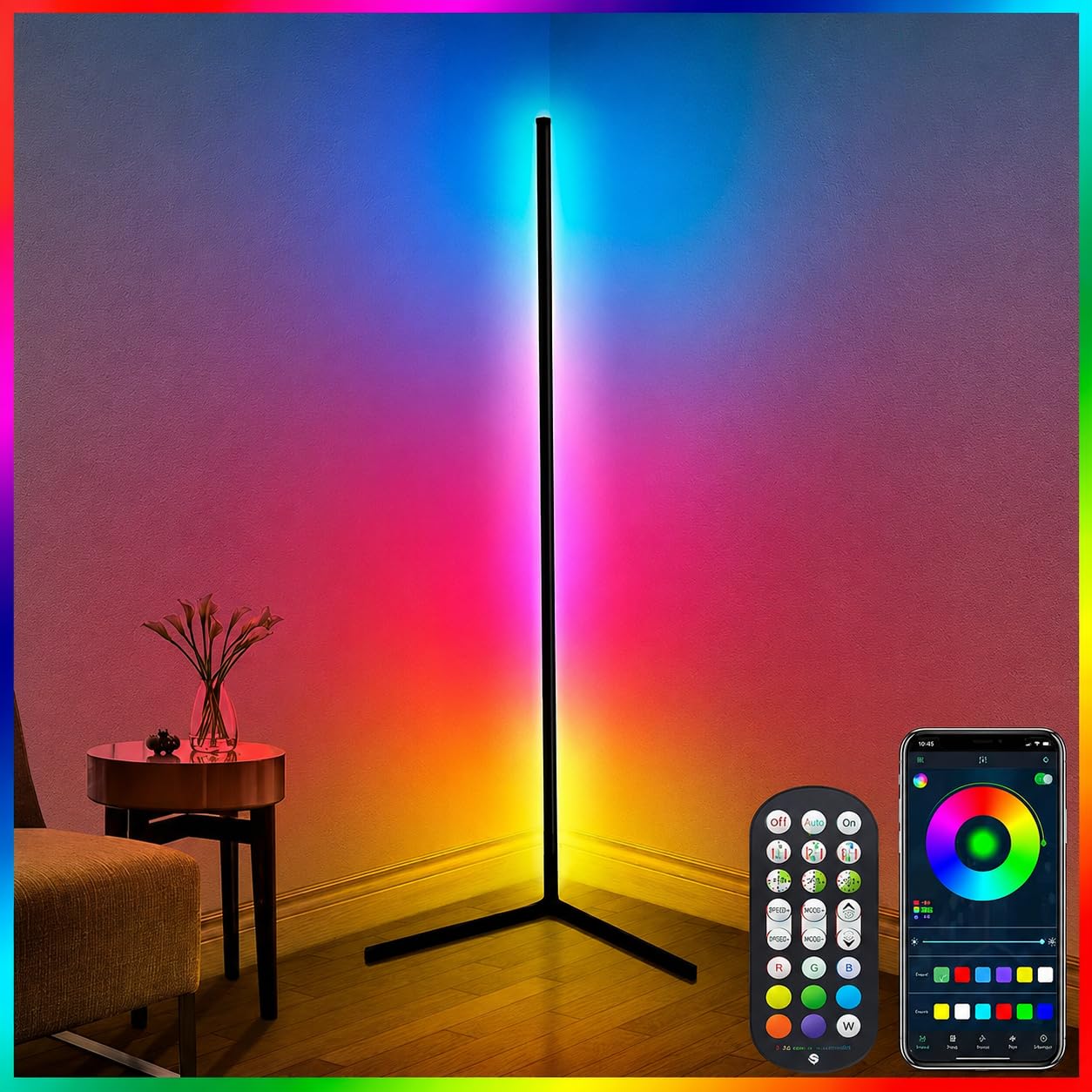 Minimalist RGB Corner Floor Lamp with App & Remote Control, Dimmable LED Standing Lamp, 16 Million Colours, Music Sync, Timer Function, Modern Mood Lighting for Living Room, Bedroom & Gaming Room