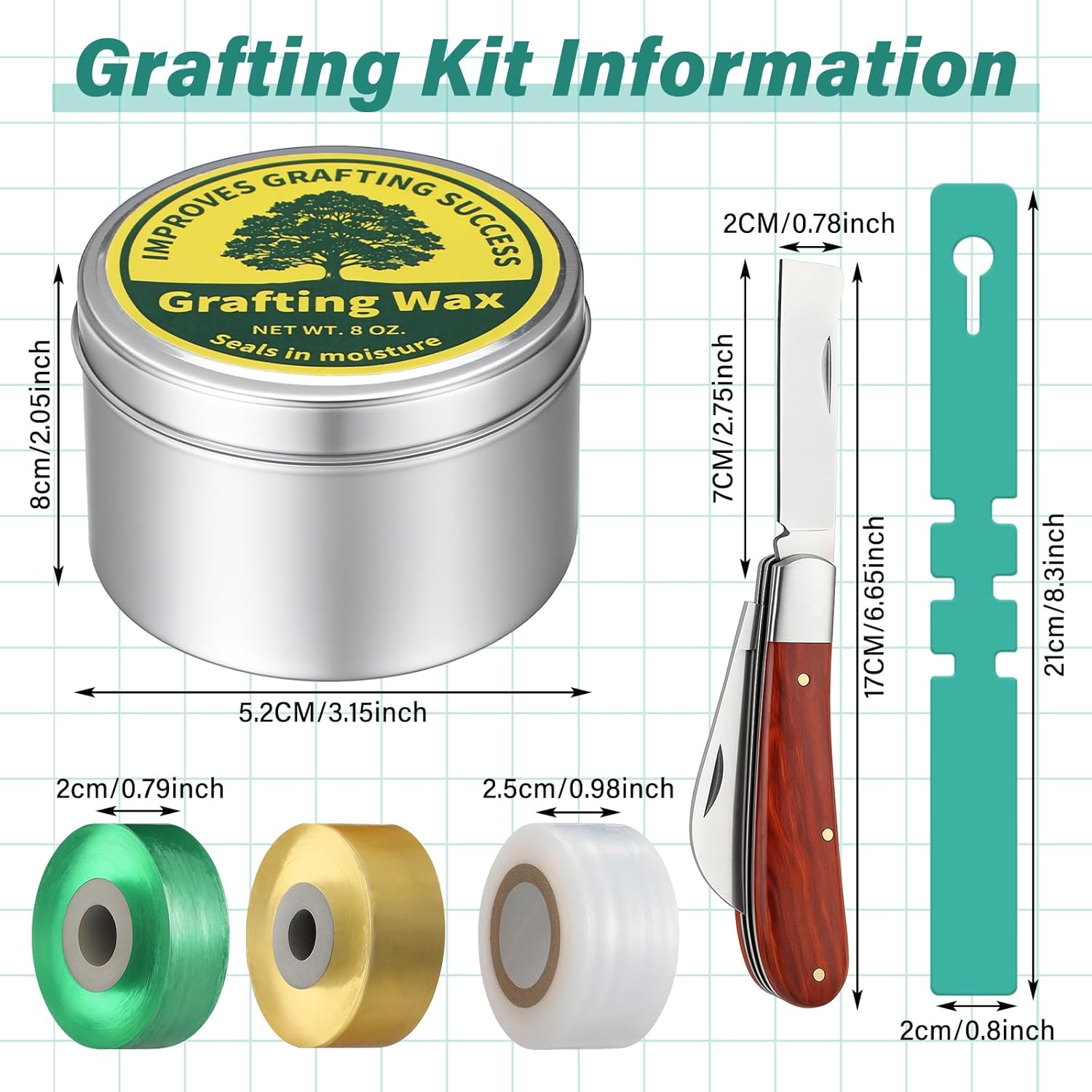 Grafting Kit 8 Oz Grafting Wax 2-5/8" Curved Straight Blades Garden Knife 3 Tape 12 Plant Labels for Successful Floral Fruit Tree