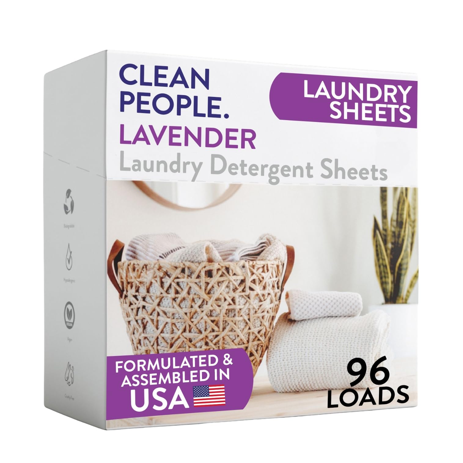 The Clean People Lavender Laundry Detergent Sheets - Laundry Soap - Ultra Concentrated, Recyclable Packaging, Stain Fighting - Lavender, 96 Pack