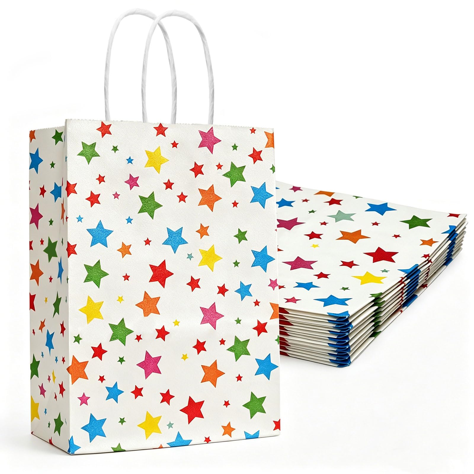 20 Pcs Rainbow Gift Bags 16x22x8cm–Colourful Party Favour Bags with 24 Heart Stickers | Durable Kraft Paper Goodie Bags for Birthdays, Weddings, Baby Showers (Coloured Stars) — image 1