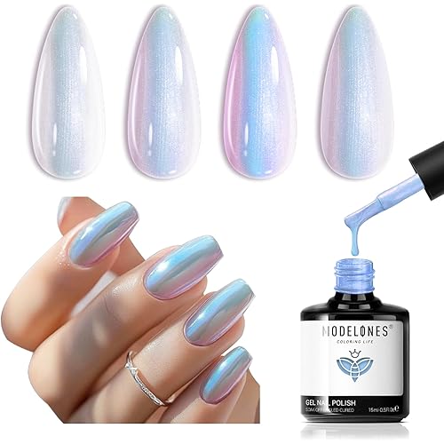 Modelones Pearl Iridescent Gel Nail Polish, 15 ML Shimmer Celestial Blue Mermaid Nail Drawing Glitter Pearlescent Summer Gel Polish Soak Off Led Nail Gel Polish Swirl Shell Thread Effect DIY Mani Gift