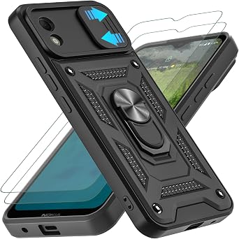 YKHJKLEC for Nokia C110 Case,[Military Grade] Shockproof with 360 Rotation Metal Kickstand Protective Case with 2Pcs HD Screen Protector Black