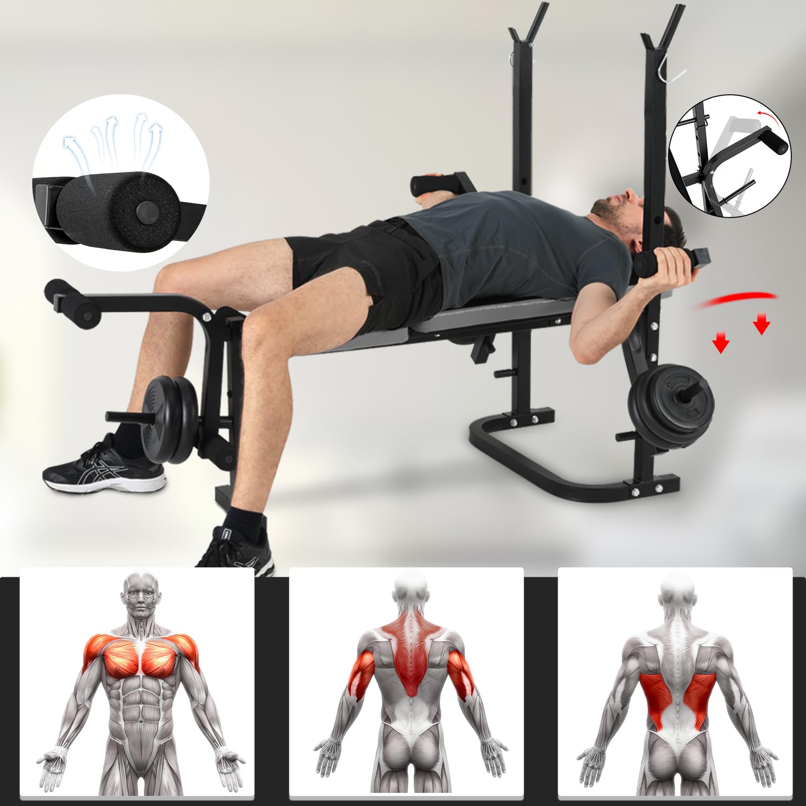 Banc de Musculation Complet Multifonction-Extension Jambe&Butterfly&Banc de Musculation Pliable&Support pour Haltères, Banc Musculation Complet/Banc Developper Coucher Fitness Pliable