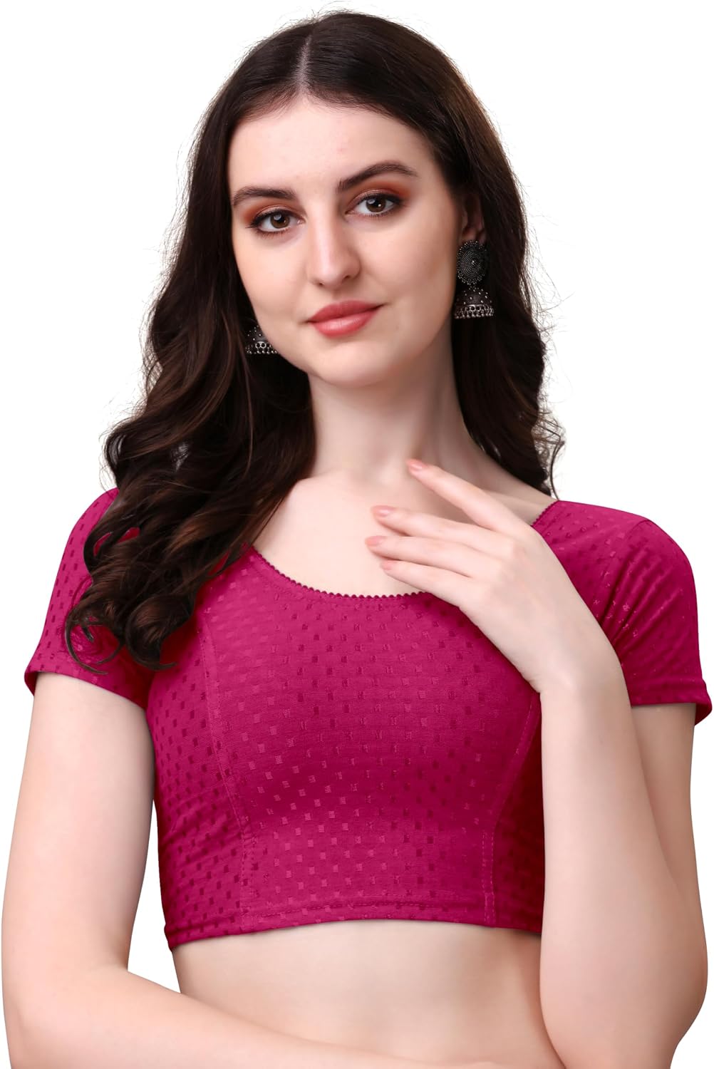 Women's Round Neck Dobby Cotton Lycra Stretchable Short Sleeve Readymade Saree Blouse