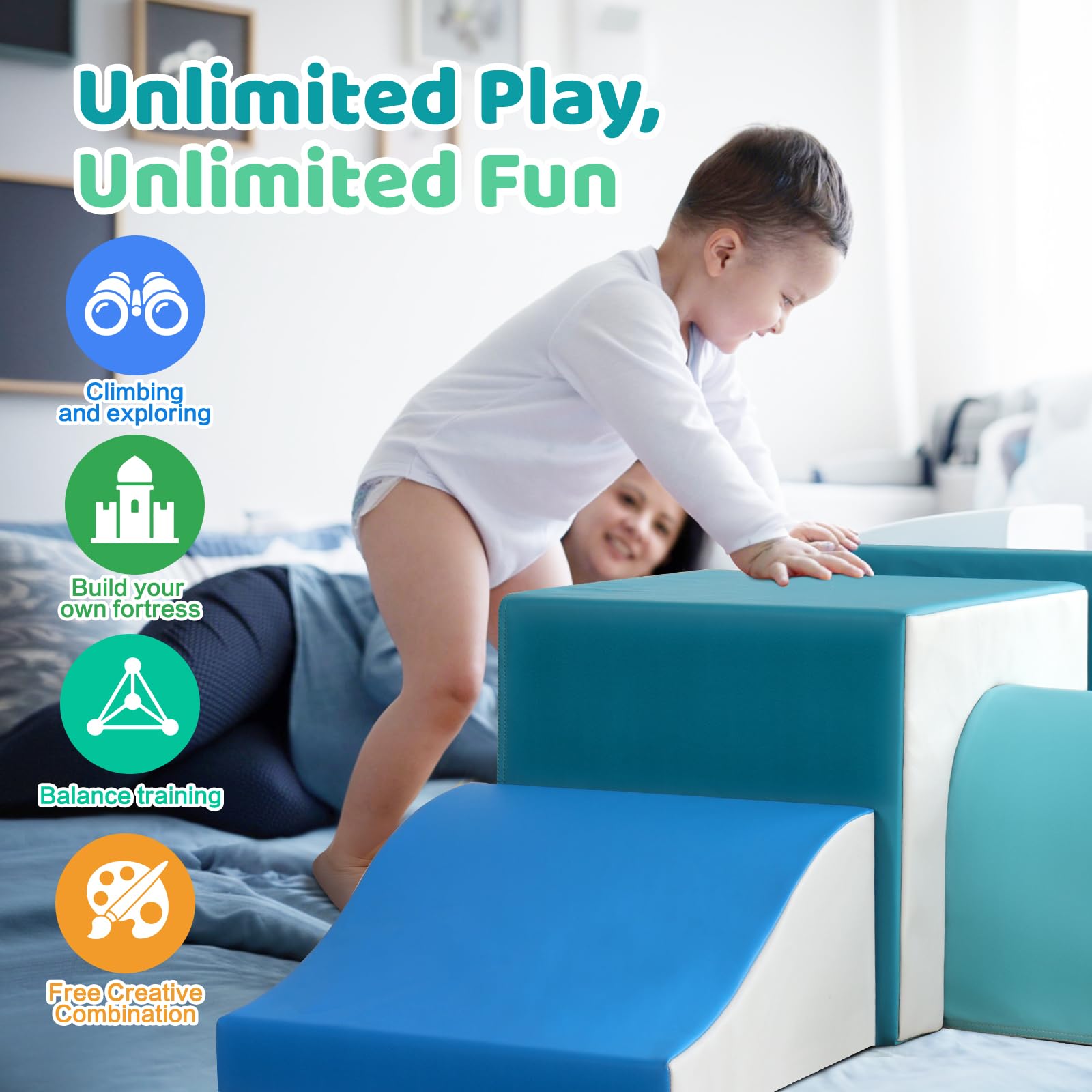 Bloques de escalada de espuma para niños pequeños: con un túnel - 4 bloques de espuma - Escaladores de interior para niños, estructuras de juego, gimnasio, escalador suave con tobogán y 4