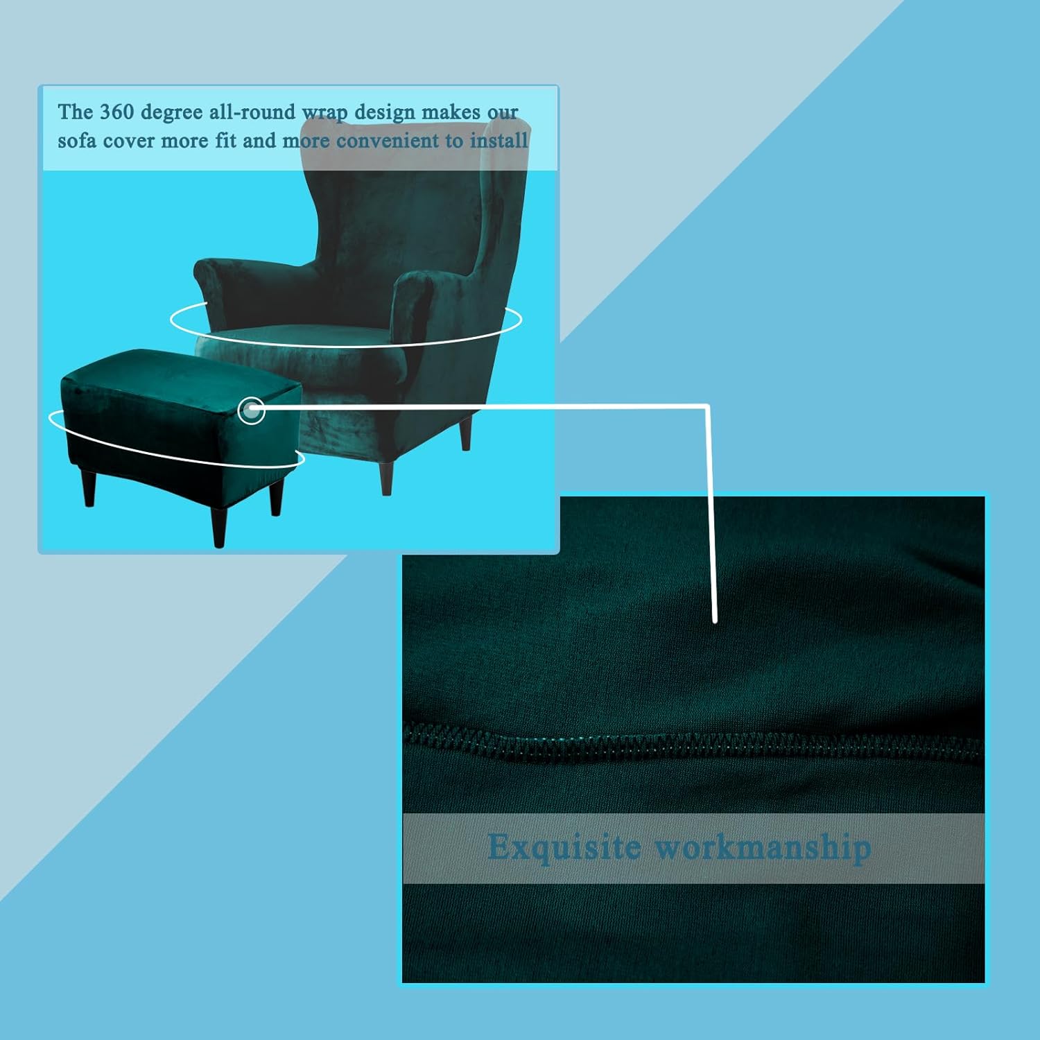 Wingback Chair Covers 2 Piece Set and Ottoman Slipcover, Stretch Velvet Wing Chair Cover Armchair Slipcovers Tiger Chair Cover (Dark-Green,Wing Chair &Ottoman)