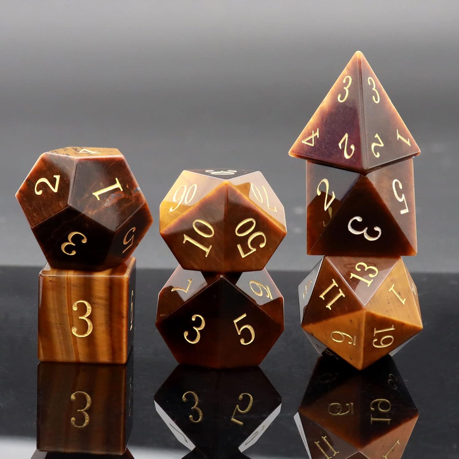 Haxtec Tiger's Eye Gemstone DND Dice Set Natural Stone Polyhedral Dice W/Premium Dice Case Compatible with Dungeons and Dragons Role Playing Board Games D&D Gift