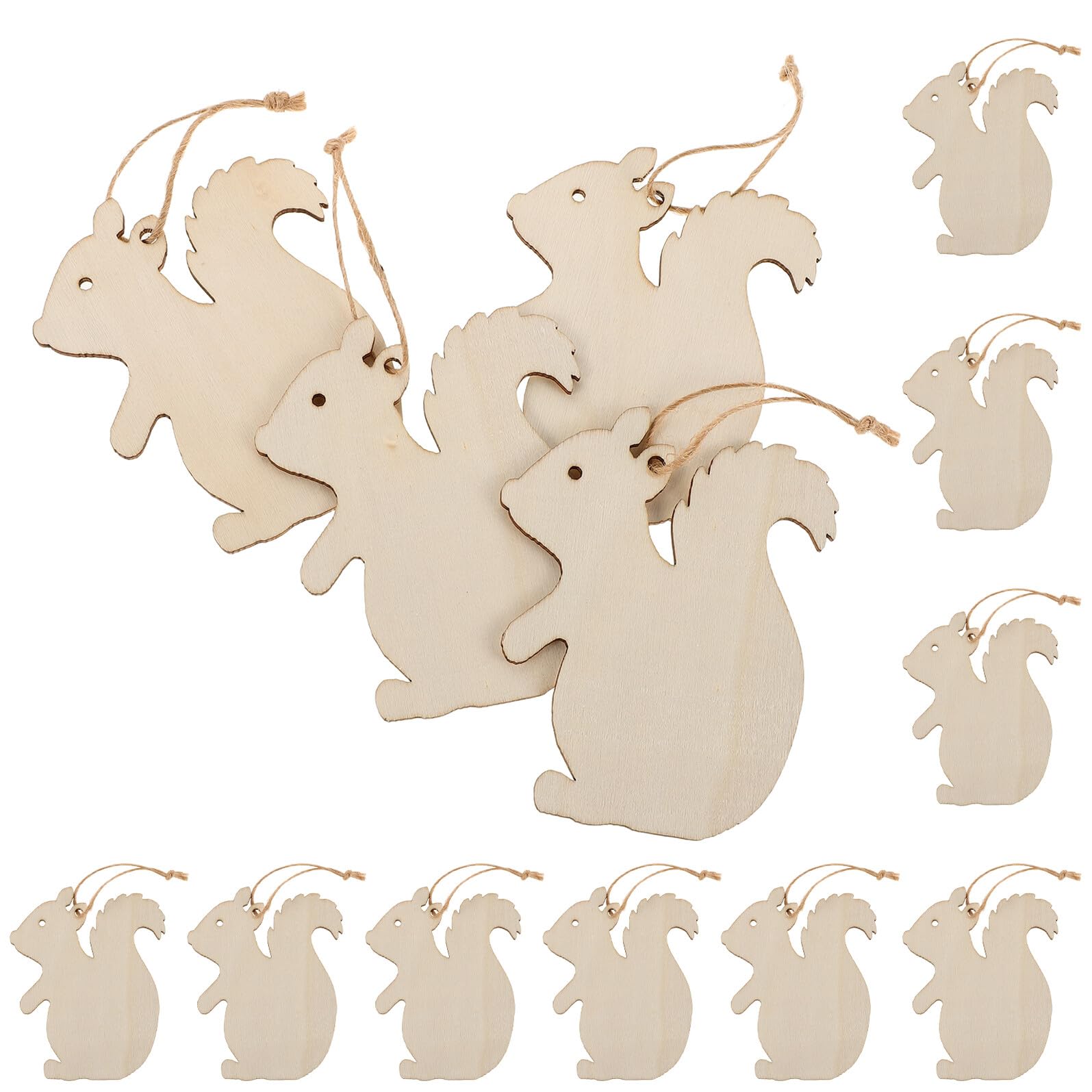 Operitacx 50pcs Squirrel Wooden Cutouts Unfinished Animal Shaped Wood Pieces for Crafts DIY Tags Labels with Rope for Christmas Wedding Birthday Party Decorations
