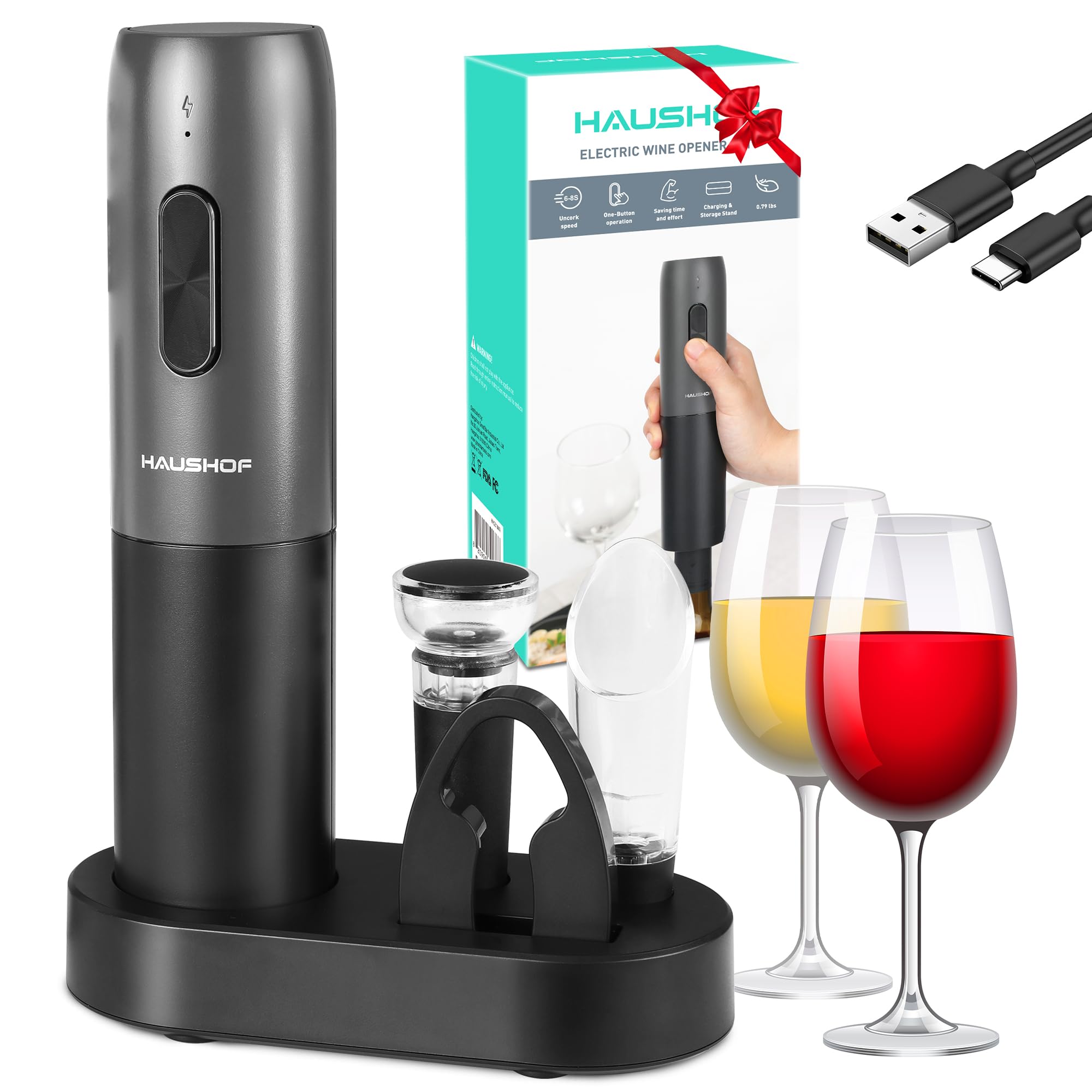 HAUSHOF Sacacorchos Eléctrico Recargable 6 en 1, Abridor de Vino Automático con Cortador de Láminas, Tapón al Vacío, Vertedor, Cable USB-C y Base