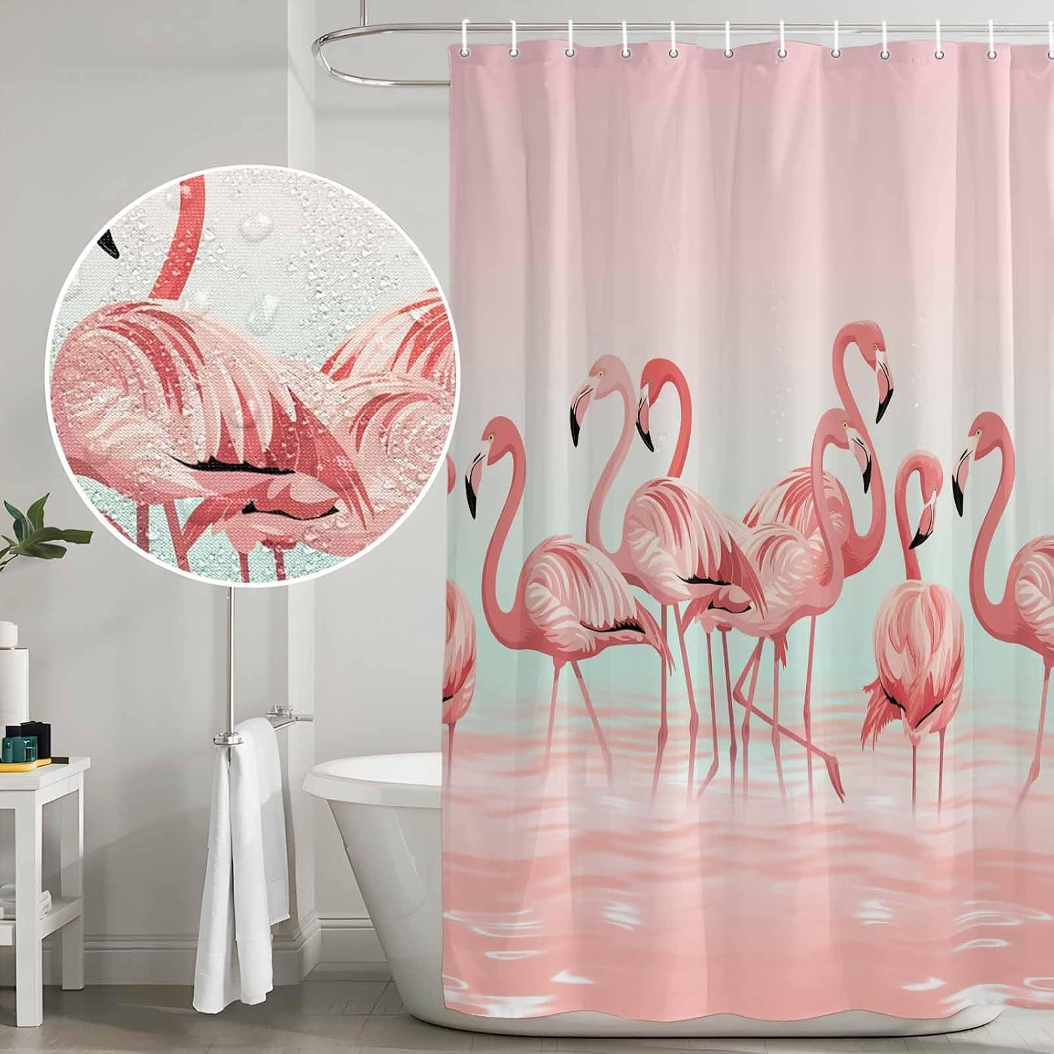 Pink Flamingo Shower Curtain, Stall Bathroom Curtains for Bathtub, Valentine's Day Birds Lake Animals Waterproof Fabric Shower Curtain Set with 12 Hooks, 36" x 78"