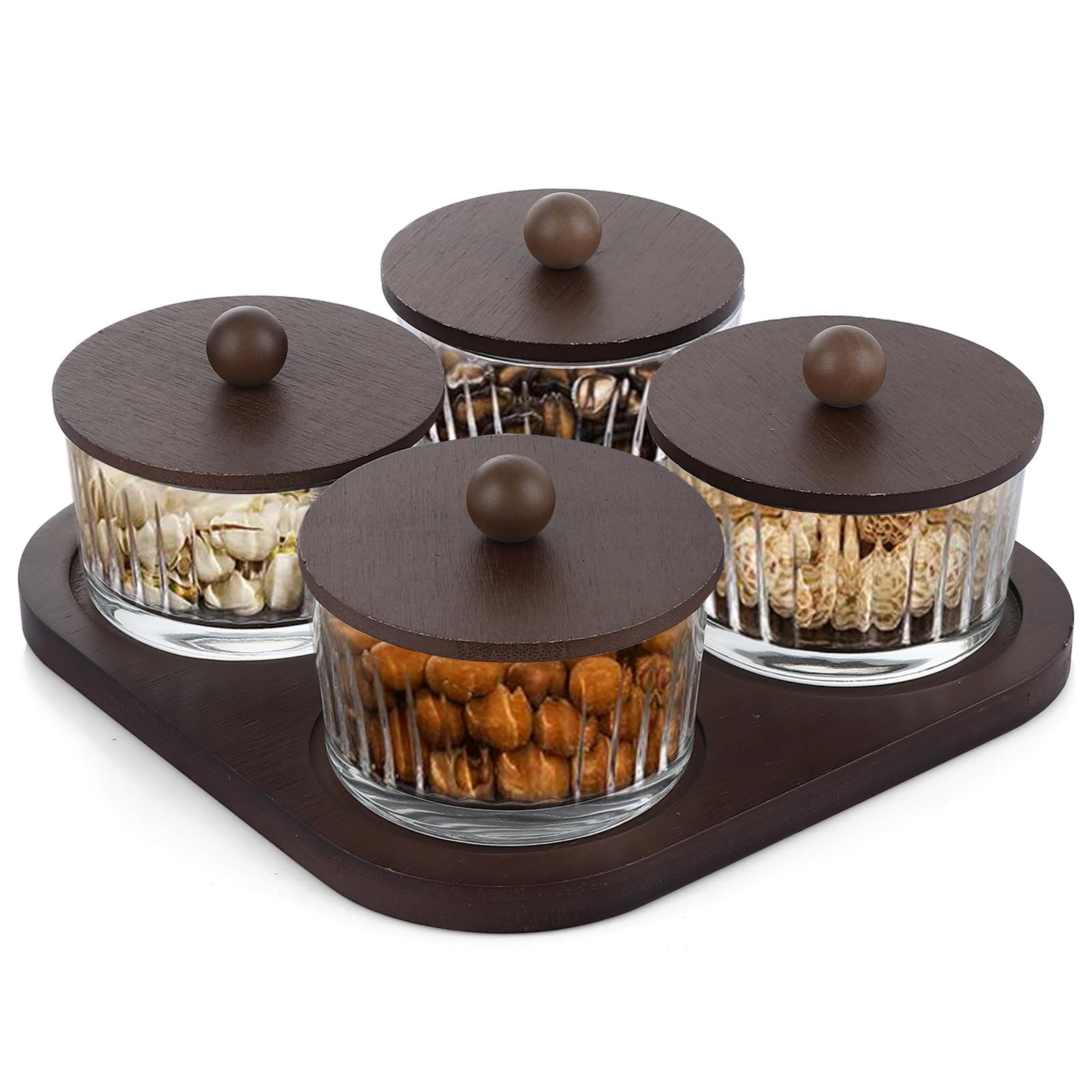SENENQU Chip and Dip Serving Set with Wooden Tray, 4pcs Removable Snack Fruit Serving Platter Side Dish, Serving Bowls with Lids for Nuts, Candy, Snacks, Veggies, Condiments - 8.3 x 8.3 inch