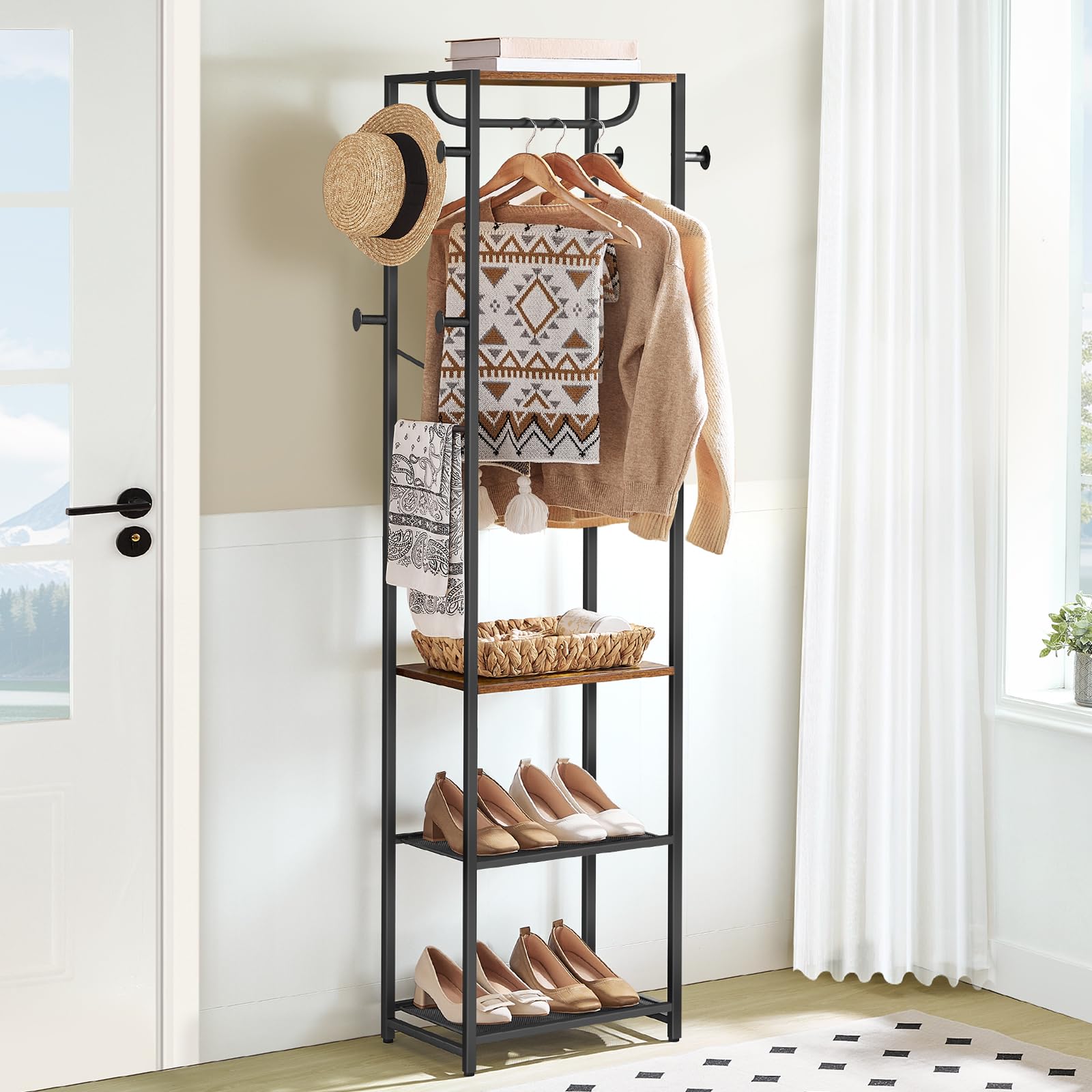 HOOBRO Perchero independiente con 3 estantes y 8 ganchos, perchero para dormitorio, 40 x 28 x 181 cm, para entrada, industrial, marrón rústico y negro EBF04YM01