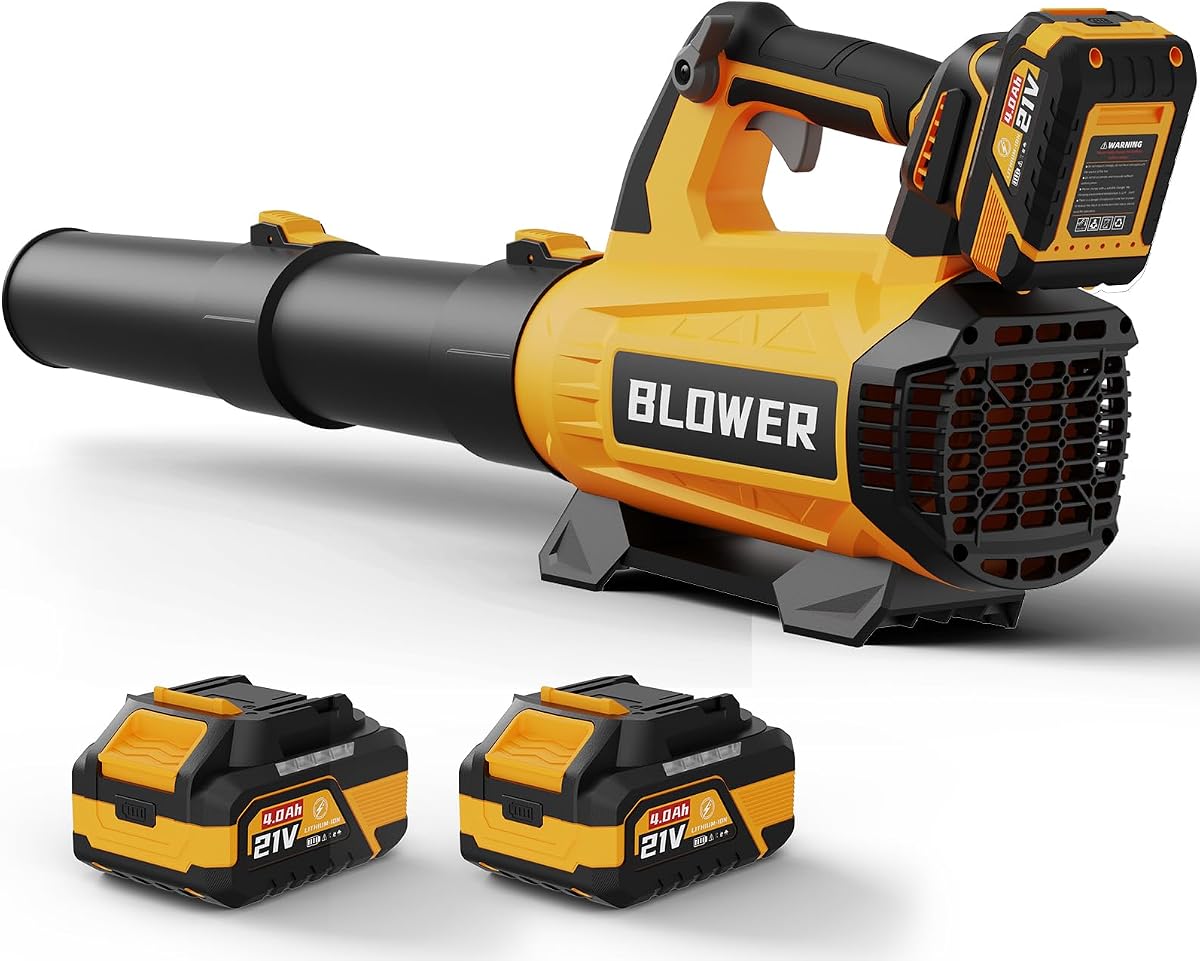 Leaf Blower Cordless with 2 x 4.0Ah Batteries and Charger - Easy to Use | 630CFM/160MPH, 21V Powerful, Electric, Battery Powered Leaf Blowers for Lawn Care, Patio, Yard, Dust, Snow, Yellow