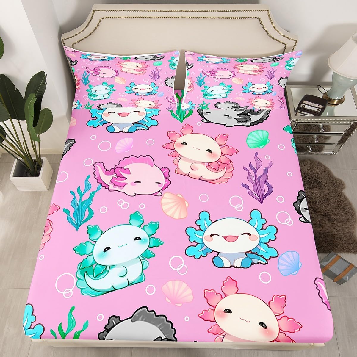 Cute Axolotl Bedding Set Queen Size Cartoon Salamander Bed Sheets Set Adults Kawaii Ocean Sealife 4 Pieces Sheet with 16 Inch Deep Pocketst Purple Blue Room Decor with 2 Pillow Case All Season Soft