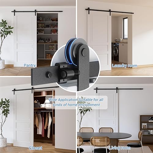 Vista 28 de CCJH - Kit de herrajes para puerta corrediza de granero de 12 pies, resistente, suave y silencioso, fácil de instalar, p/paneles de puerta indiv.