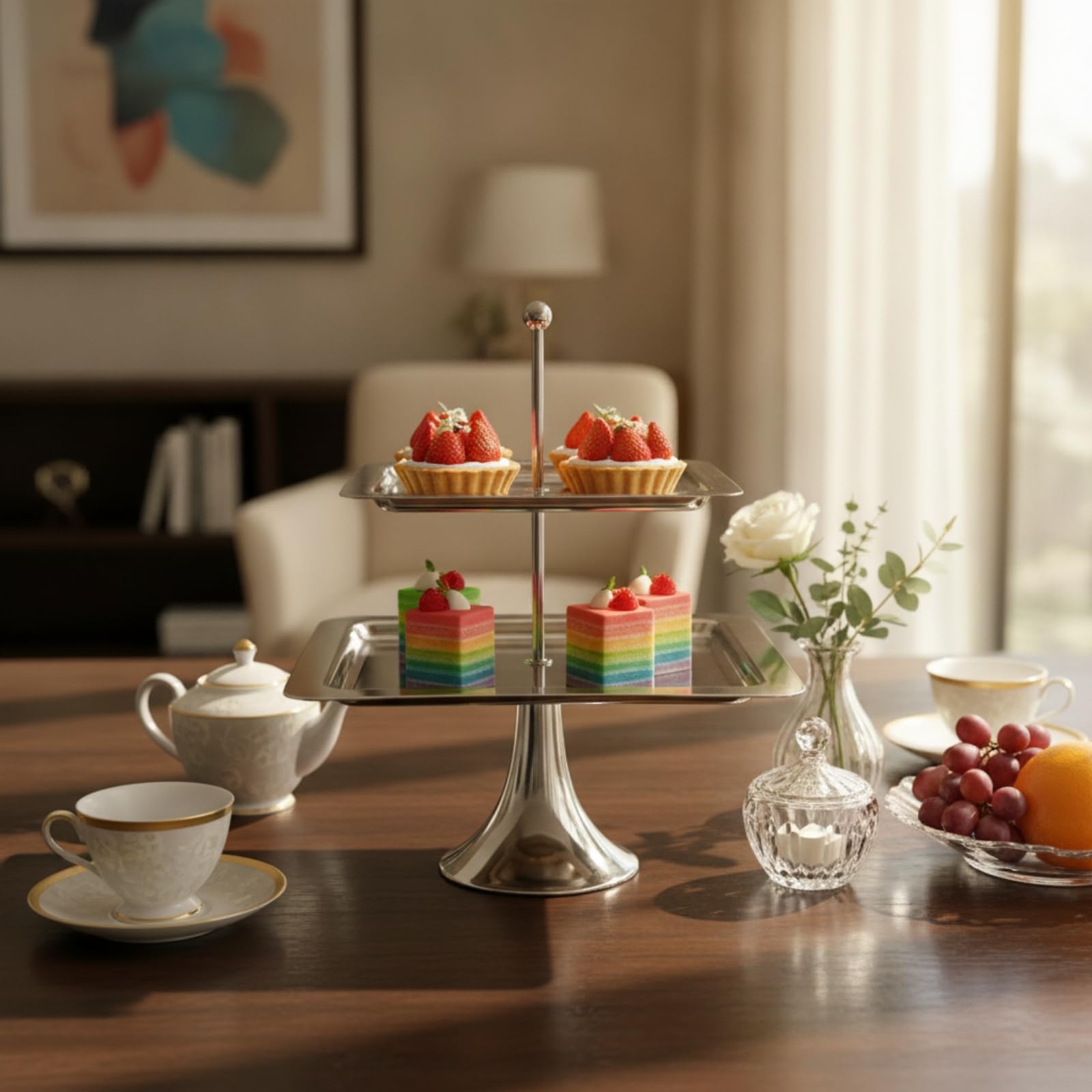 MagiDeal Alzata Dolce Multistrato Espositore Dessert Vassoio Rettangolare Portavivande Supporto a Due Livelli in Acciaio Inossidabile con Bordo Contenitivo, Two-Tier
