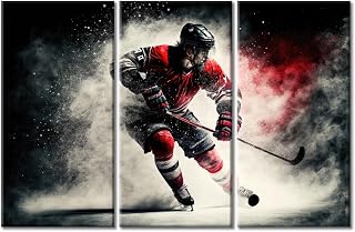 3 Pieces Wall Art Ice Hockey Player with Stick Canvas Paintings Home Decor World Championship Ice Hockey Hockey Wall Art for Living Room Sports Modern Home Decor Framed Ready to Hang 60"Wx40"H