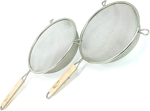 Miniatura 2 de Huji Colador de alimentos de malla doble de acero inoxidable de 8 pulgadas con mango de madera para cocina, fideos de arroz y pasta (paquete de 2)