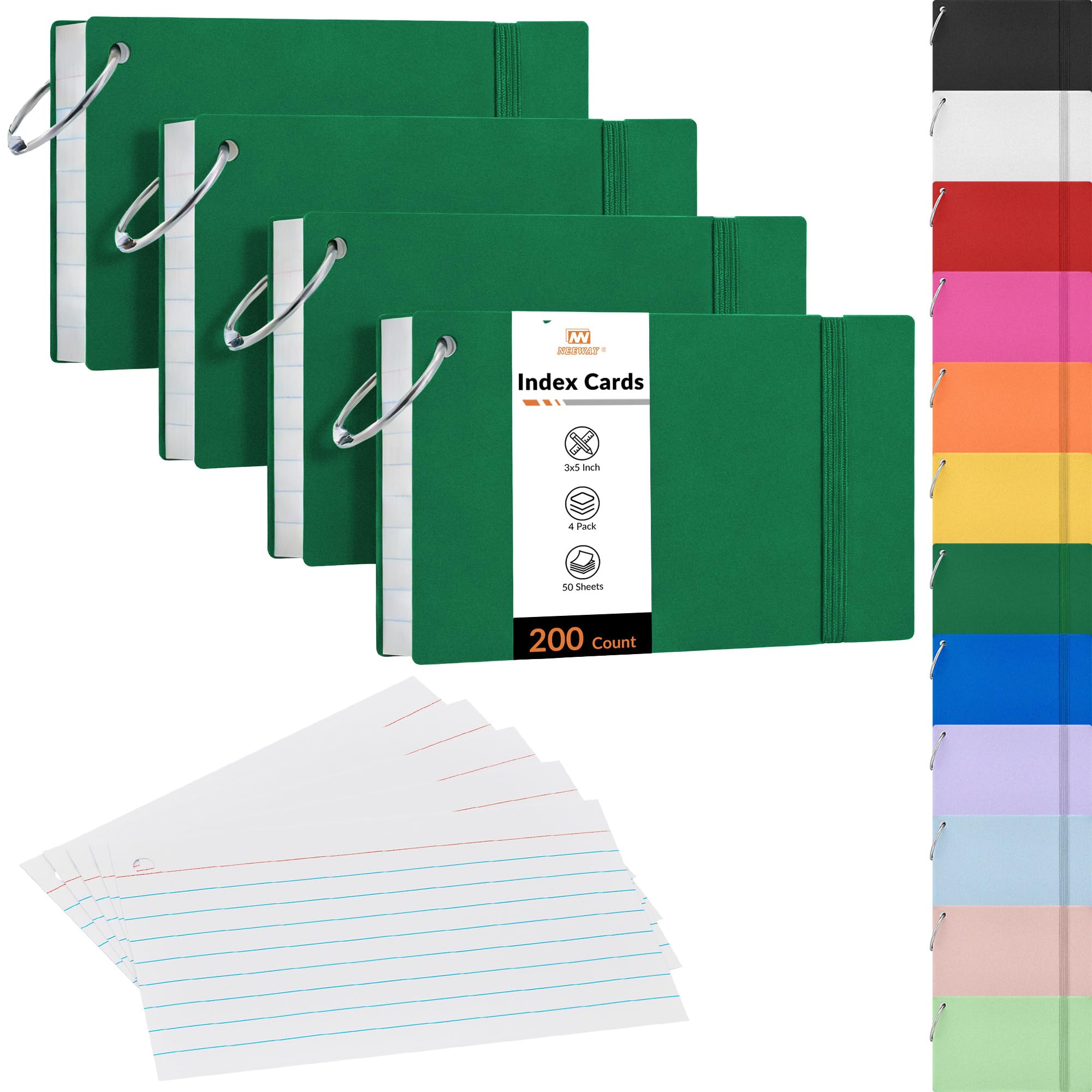 NEEWAY Ruled Index Cards with Ring 3x5 Inches, 200 Count Note Cards Lined, Flash Cards with Rings for Studying, Home and Office (Green)