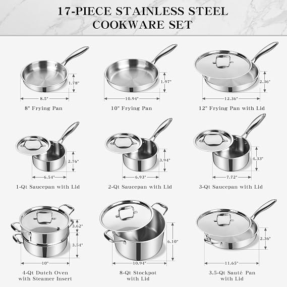 EWFEN Stainless Steel Cookware Set, 3 Ply 17 Piece Stainless Steel Pot and Pan Set, Oven Dishwasher Safe | Induction Compatible Frying Pans, Saucepans, Saute Pan & Stock Pot, PFOA, PTFE & PFOS Free