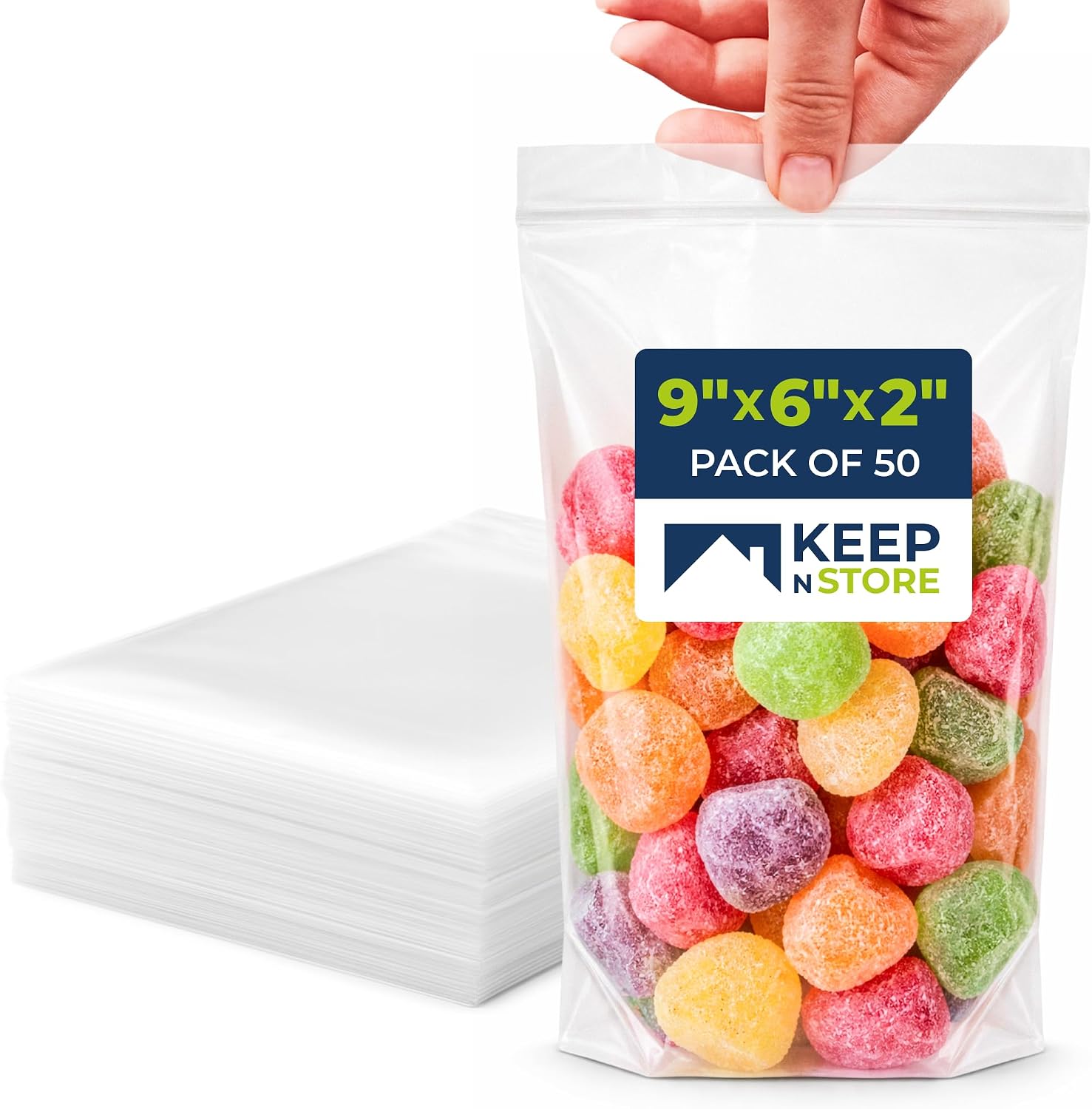 Gusseted Reclosable Stand Up Bags, Pack of 50 – Clear 2 Mil Zip Top Poly Bags, 6" x 9" x 2", 8 oz Capacity – Great for Food Storage & Bottled Liquid Packaging – Non-Toxic, Freezer Safe