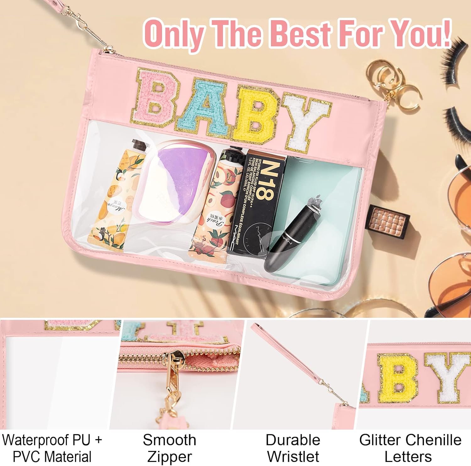 izuzta Chenille Letter Clear Bag Baby Purse Pouch, Monogram PVC & PU Clear Zipper Pouch with Wristlet, Waterproof Portable Glitter Snacks Makeup Beach Pouch Toiletry Bag for Women Girls (BABY-Pink) - Image 3