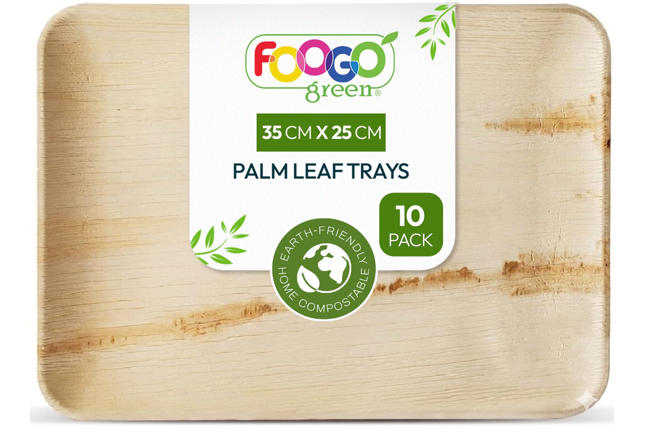 FOOGO Green 10 Disposable Palm Leaf Serving Trays, Large 14x10 inch (35x25cm), for Platters, Starters, Wedding Parties, Charcuterie Board, Eco Friendly Biodegradable Wooden Plates, Hot Food Trays