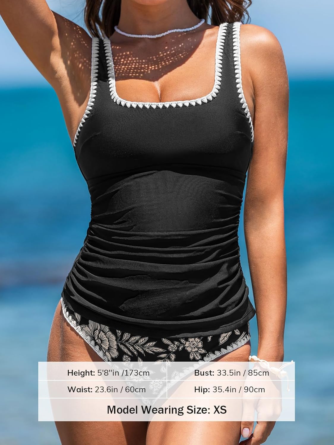 CUPSHE Women's Tankini Sets Two Piece Swimsuit Square Neck Stitching Bathing Suit Ruching Adjustable Wide Straps - Image 4