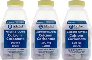 Calcium 500 mg Generic for Tums Assorted Fruit Flavored Chewable Tablets Regular Strength Antacid for Acid Indigestion, Heartburn, Sour Stomach 150 Chewable Tablets per Bottle Pack of 3