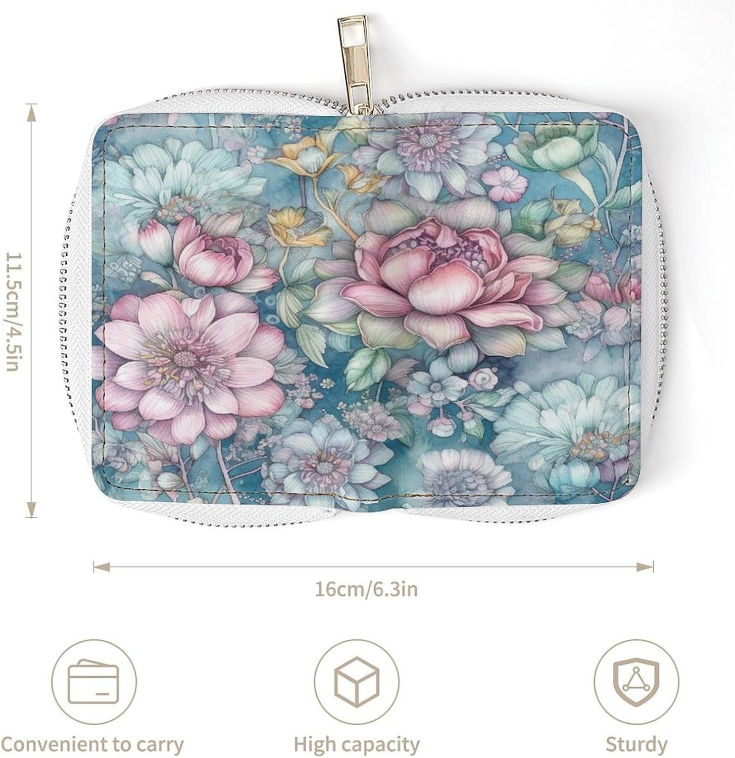 Leather Card Organizer Case Card Wallet Credit Card Holder Blue Style Flowers Printed Zipper Card Cases Holder for Women Men