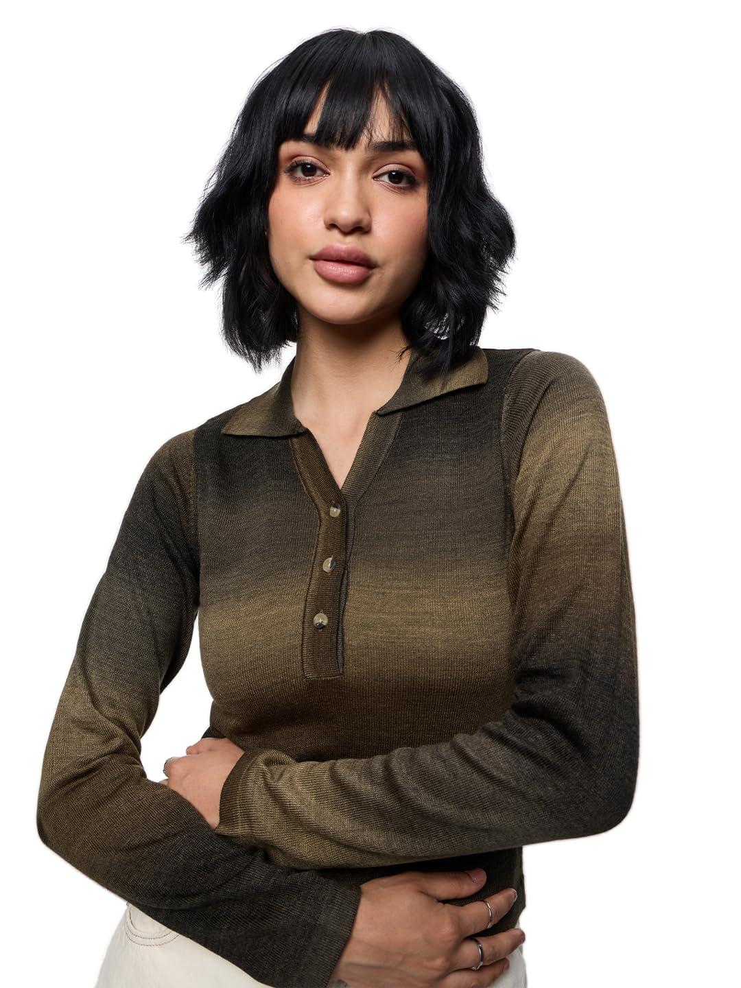 the souled store Crop Polo Top: Espresso Women and Girls Long Sleeves Spread Collar Brown Ombre Acrylic Slim Fit Breathable Everyday Smart Casual Knit Tops-picture-44