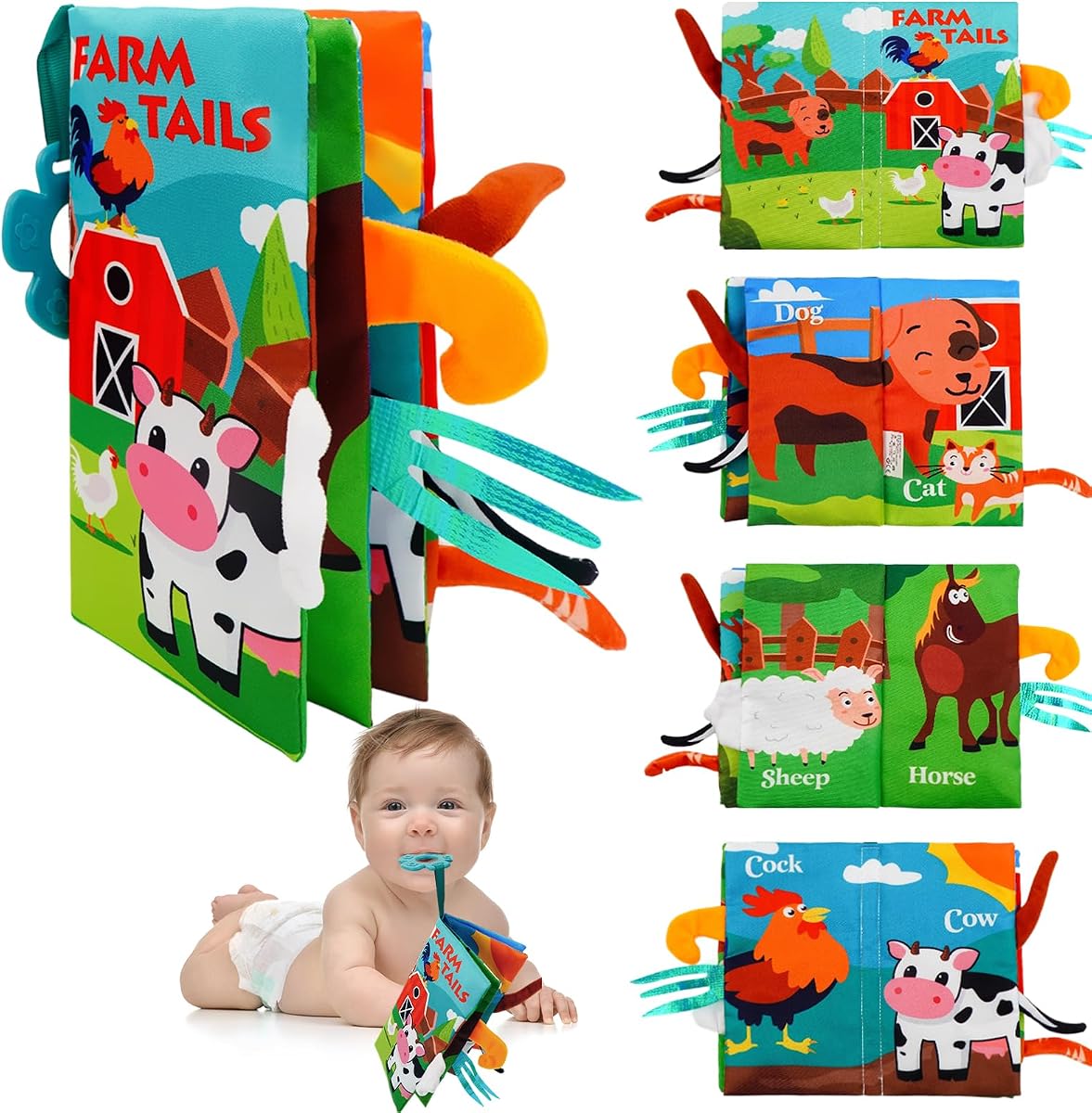 Libros para bebés de tela suave arrugada para bebés de 0 a 12 meses con mordedor | Juguetes sensoriales arrugados Tummy Time, libro suave al tacto y al tacto de alto contraste, juguetes infantiles de aprendizaje temprano