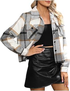 Women's Plaid Cropped Casual Jacket Fashion Crop Flannel Shacket Long Sleeve Button Down Jackets Coat for Fall Winter