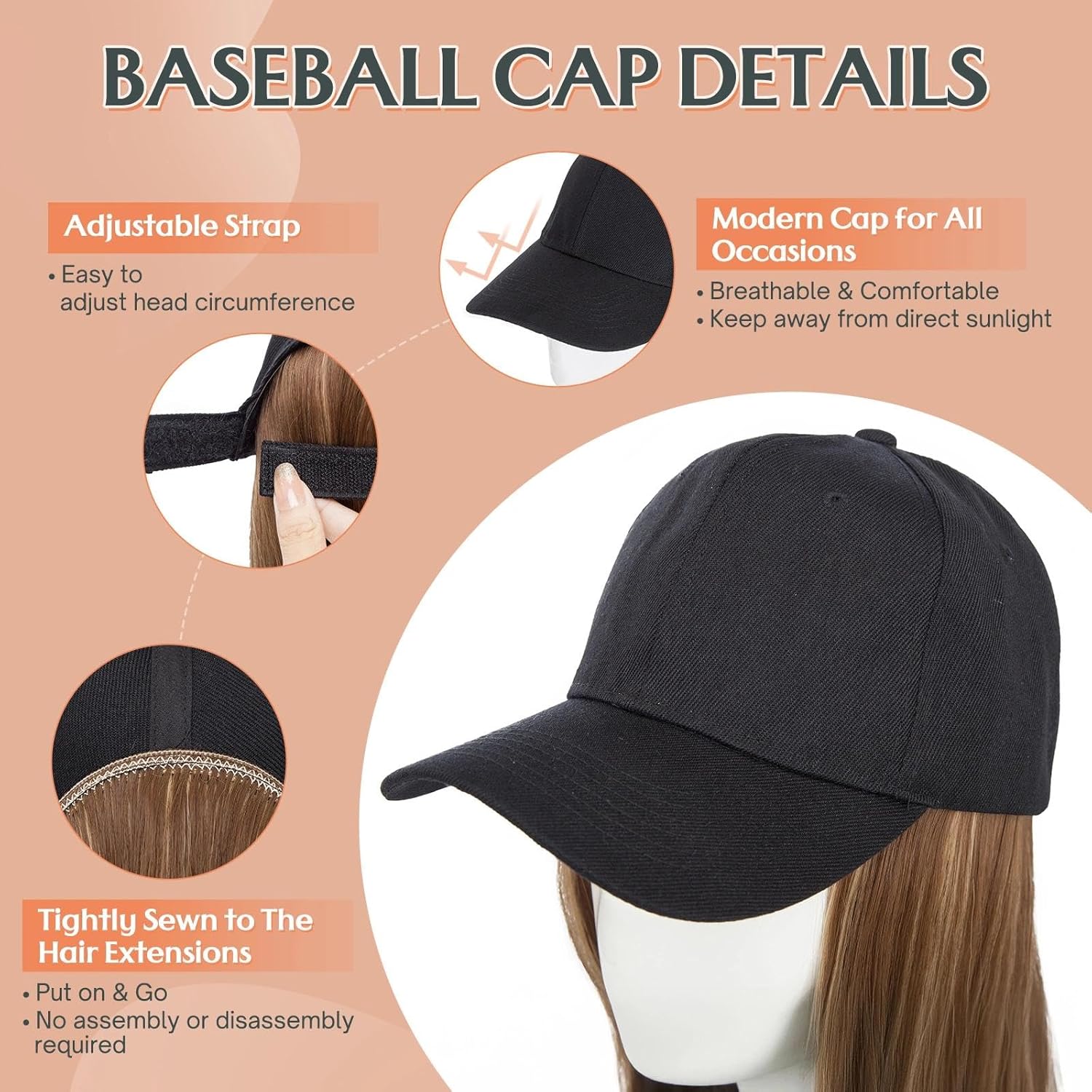 Benehair Hat Wig Extensions, Baseball Cap with Synthetic Hair Attached, Adjustable Wig Hairpieces for Women Daily Outdoor, 6 Inch Short Straight Bob Medium Brown Mix Dark Blonde Hair with Black Cap