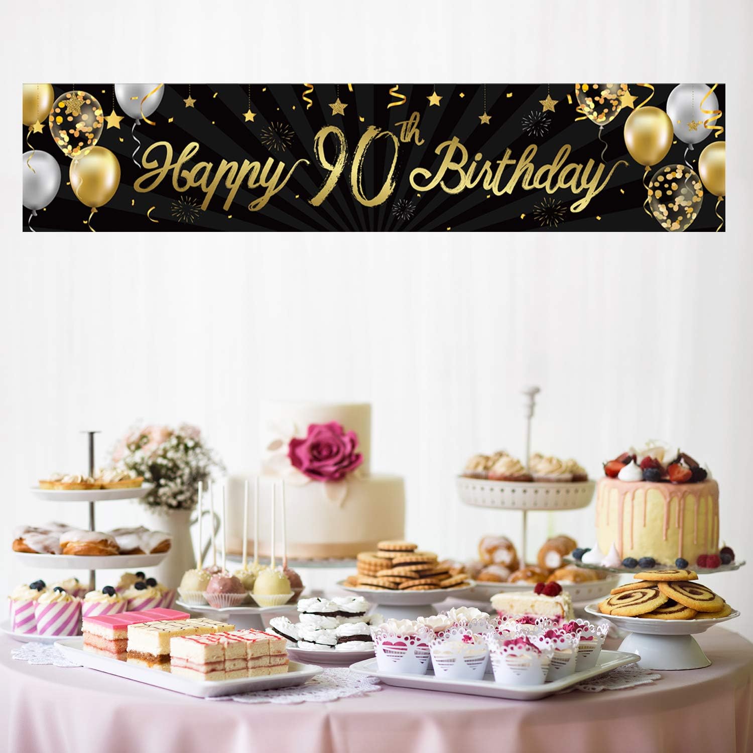 Happy 90th Birthday Banner Sign Black Gold Glitter 90 Years Birthday Party Decorations Supplies Anniversary Celebration Backdrop - Image 5