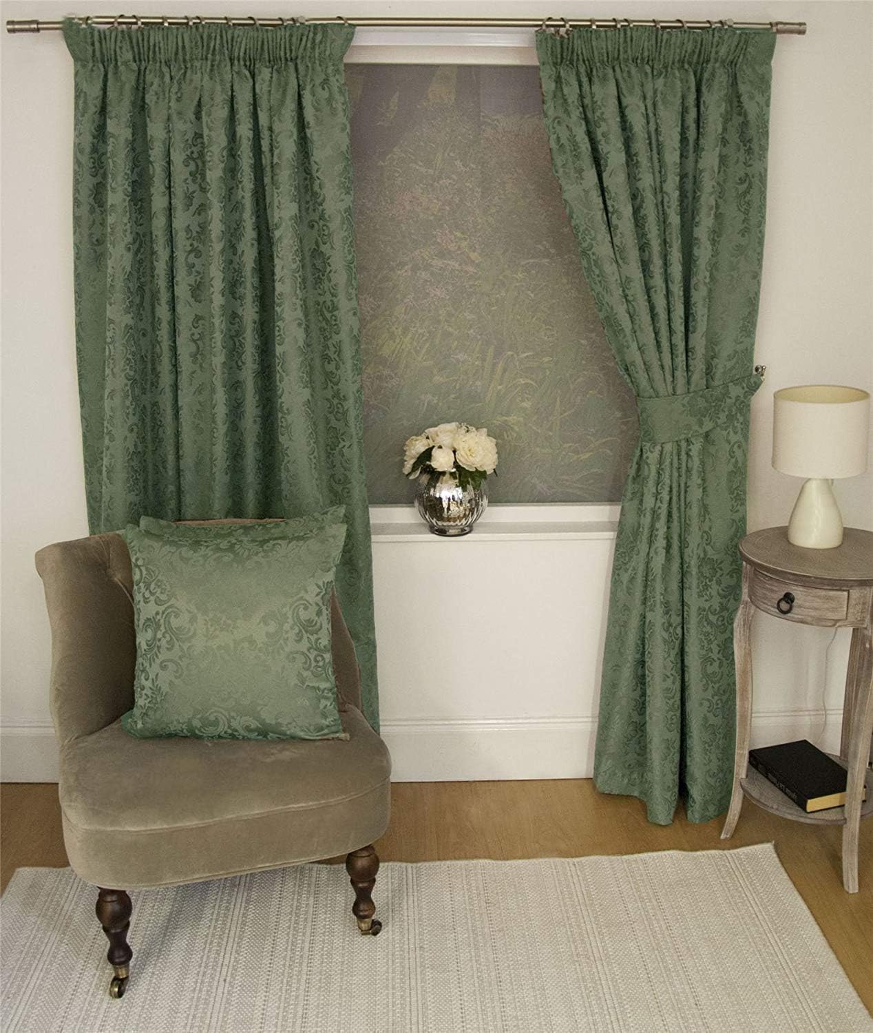 JACQUARD FLORAL DAMASK GREEN 90X90” 229X229CM LINED PENCIL PLEAT CURTAINS DRAPES
