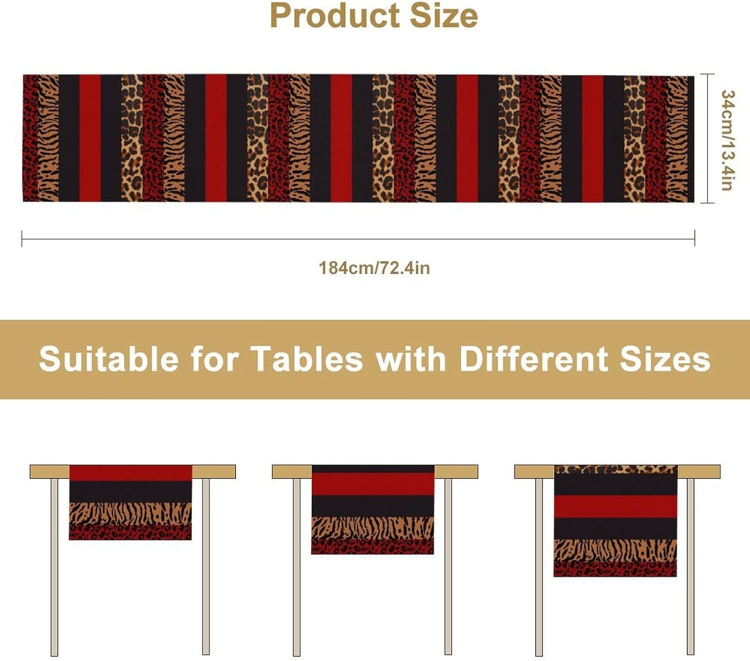 Fur Print Table Runner Colorful Brown Red Black Giraffe Zebra Striped Geometric Table Cover for Woman Dinning Party Living Room Kitchen, 13x120 Inch