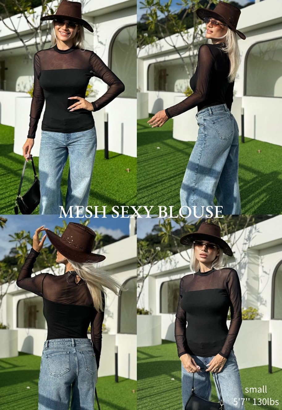 Zeagoo Long Sleeve Shirts for Women's Lace Tops Mesh Sheer Crew Neck Shirts Sexy Fall Going Out Blouse - Image 6