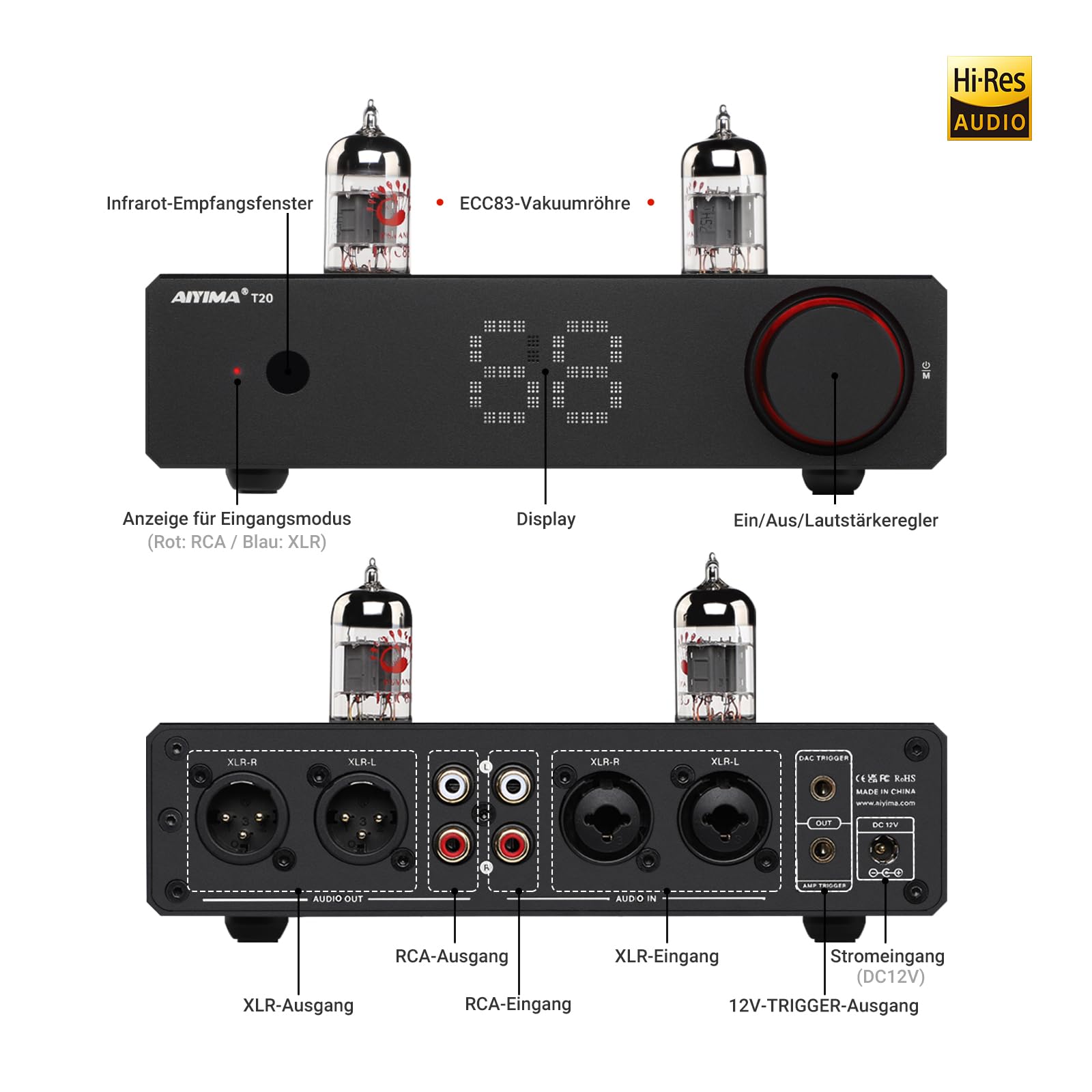 AIYIMA T20 Balanced Tube Vorverstärker LME49720 für HiFi-Heim-Audio Mini-Vakuumröhren-Vorverstärker mit Cinch-/XLR-EIN- und Ausgängen und 12-V-Triggerausgang (DC12V 2A-Netzteiladapter)