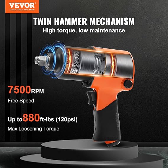 VEVOR Air Impact Wrench, 1/2 Drive Air Impact Gun Up to 880ft-lbs Nut-busting Torque, 7500RPM Lightweight Pneumatic Tool for Auto Repairs and Maintenance