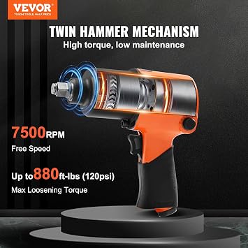 VEVOR Air Impact Wrench, 1/2 Drive Air Impact Gun Up to 880ft-lbs Nut-busting Torque, 7500RPM Lightweight Pneumatic Tool for Auto Repairs and Maintenance