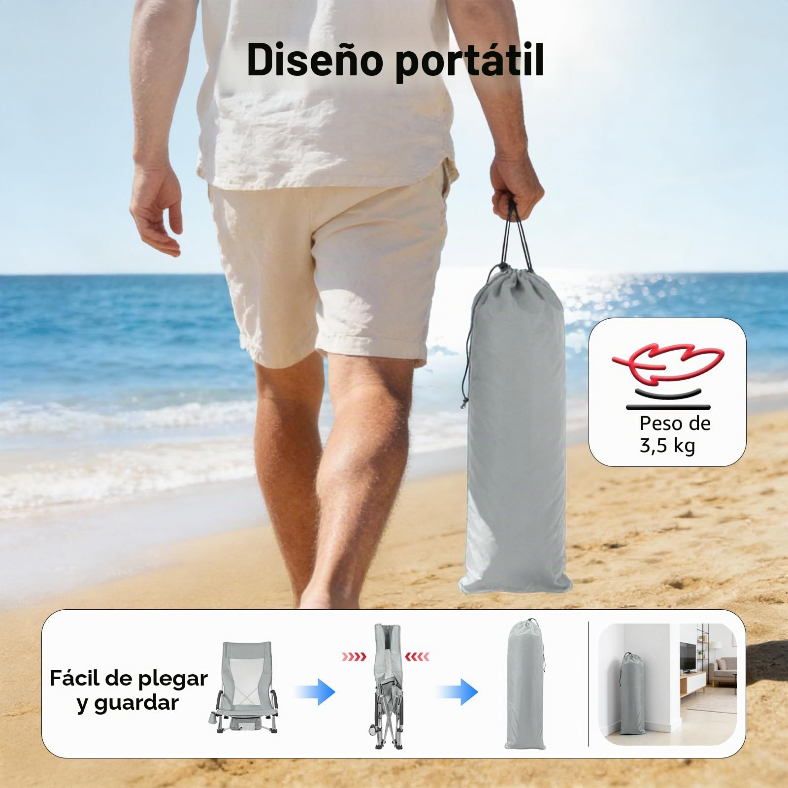 WildFun 2 sillas de playa plegables bajas, ligeras y portátiles, con respaldo alto, soporte para bebidas, soporta hasta 180 kg, para viajes, exteriores, barbacoas, pícnic, festivales (2 unidades, gris