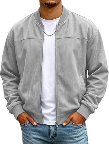Men Suede Bomber Jacket Full Zip Casual Vintage Stand Collar Coat Outerwear