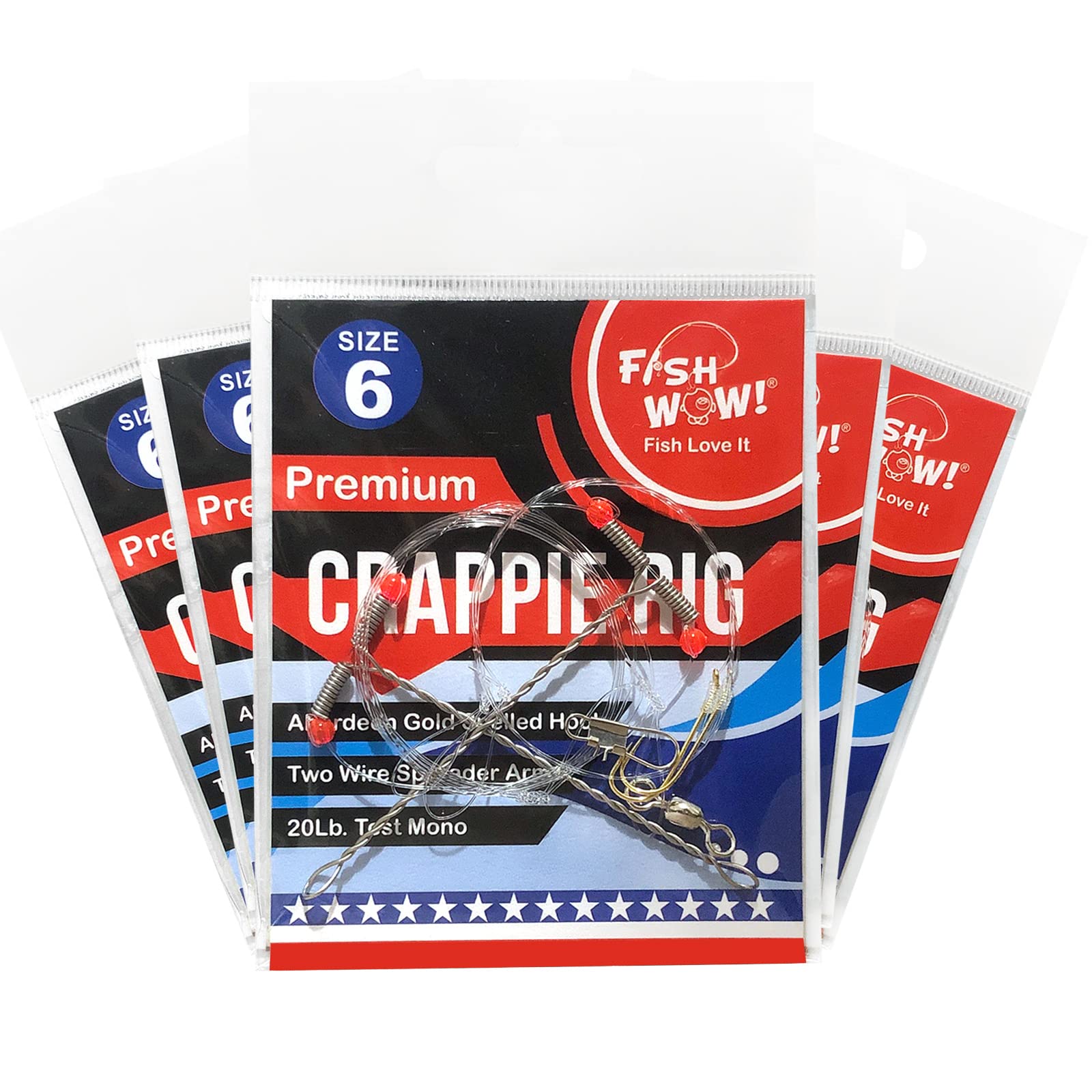 5 Packs Fish WOW! Crappie Rig with Two #6 Aberdeen Gold Hook Two Wire Spreader Arms